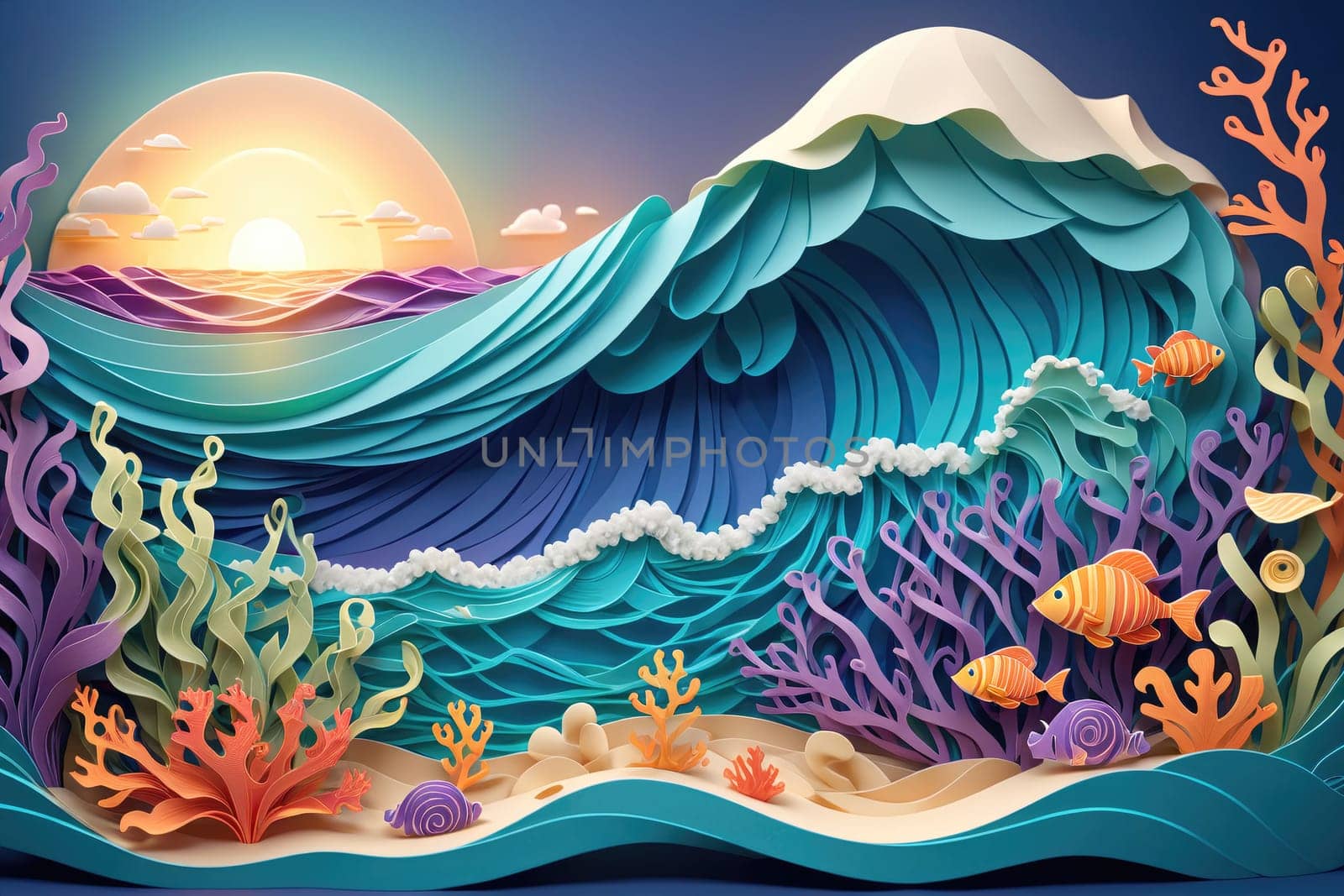 This vibrant creation showcases an intricate underwater landscape, featuring stylized waves, colorful coral formations, and lively fish swimming amidst soft blues and warm sunrise colors. The layered paper art captures the serene beauty of marine life.