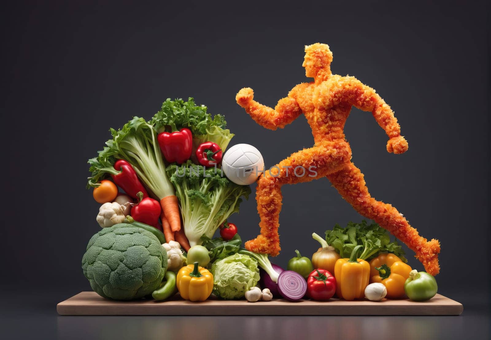 A striking display features a figure crafted from vegetables, capturing movement as it runs. Surrounding this athlete are a variety of colorful fresh produce, including peppers, lettuce, and cauliflower. The arrangement highlights the beauty and vibrancy of healthy eating, emphasizing the connection between nutrition and an active lifestyle.