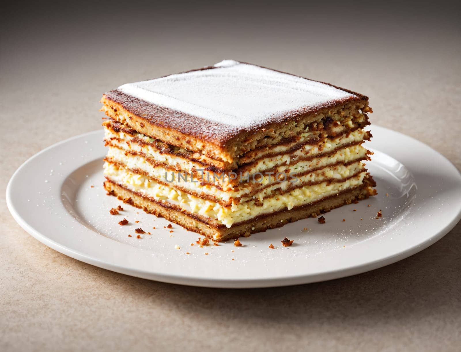 A beautifully constructed layered cake rests on a white plate, showcasing its alternating layers of rich cake and creamy filling. The dessert is garnished with a dusting of powdered sugar, inviting anyone nearby to indulge in its sweet flavors.