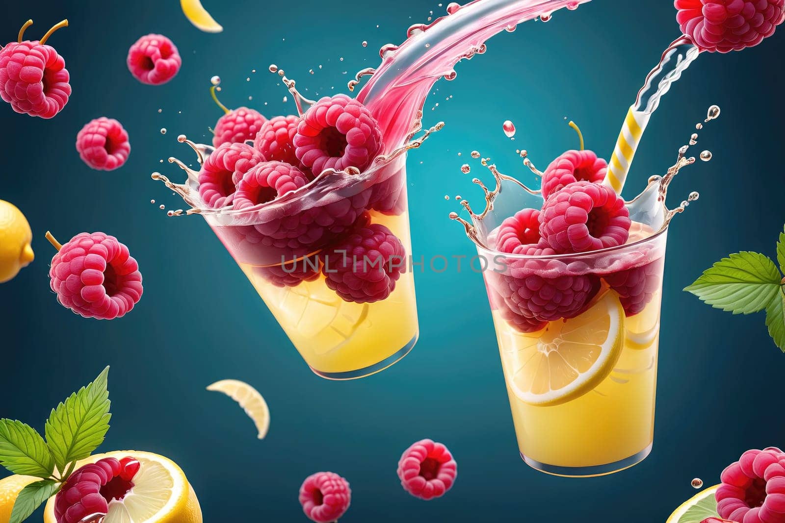 Two transparent cups filled with vibrant lemonade showcase splashes of raspberries and lemon slices. The backdrop features a lively mix of fruits, creating an energetic and refreshing atmosphere, perfect for a summer drink.