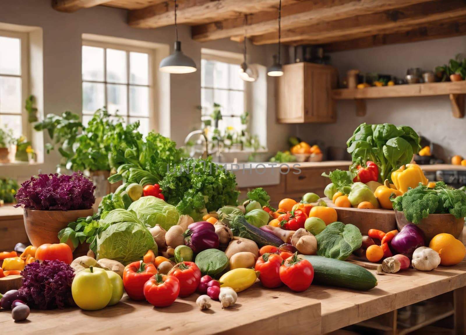 A colorful variety of fresh vegetables and fruits are artistically arranged on a wooden countertop in a rustic kitchen. The backdrop features large windows allowing natural light to illuminate the scene, enhancing the vibrant colors of the produce. This setup showcases the beauty and abundance of fresh, healthy ingredients ready for preparation.