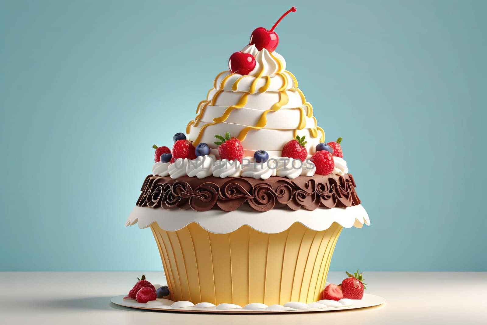 A visually striking giant cupcake stands prominently with a swirled peak of whipped cream, adorned with fresh raspberries and blueberries. The rich chocolate frosting at the base complements the vibrant colors, creating an inviting dessert perfect for any festive gathering.