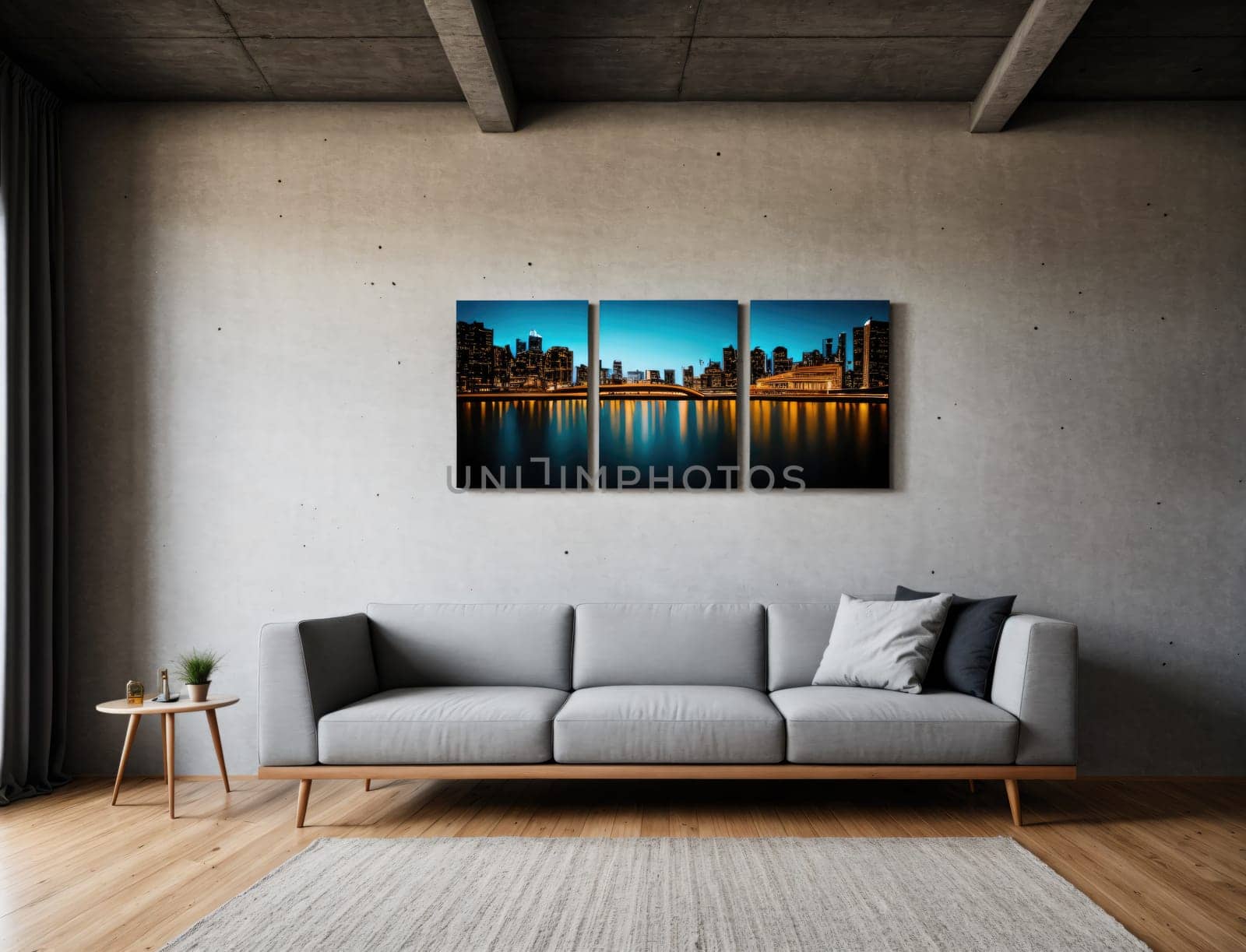 A contemporary living room showcases a stylish grey couch adorned with plush pillows, positioned against a smooth concrete wall. Three-piece artwork depicting a vibrant city skyline glows against the deep blue twilight sky, reflecting beautifully on the water below. Natural light filters through a nearby window, enhancing the serene atmosphere.