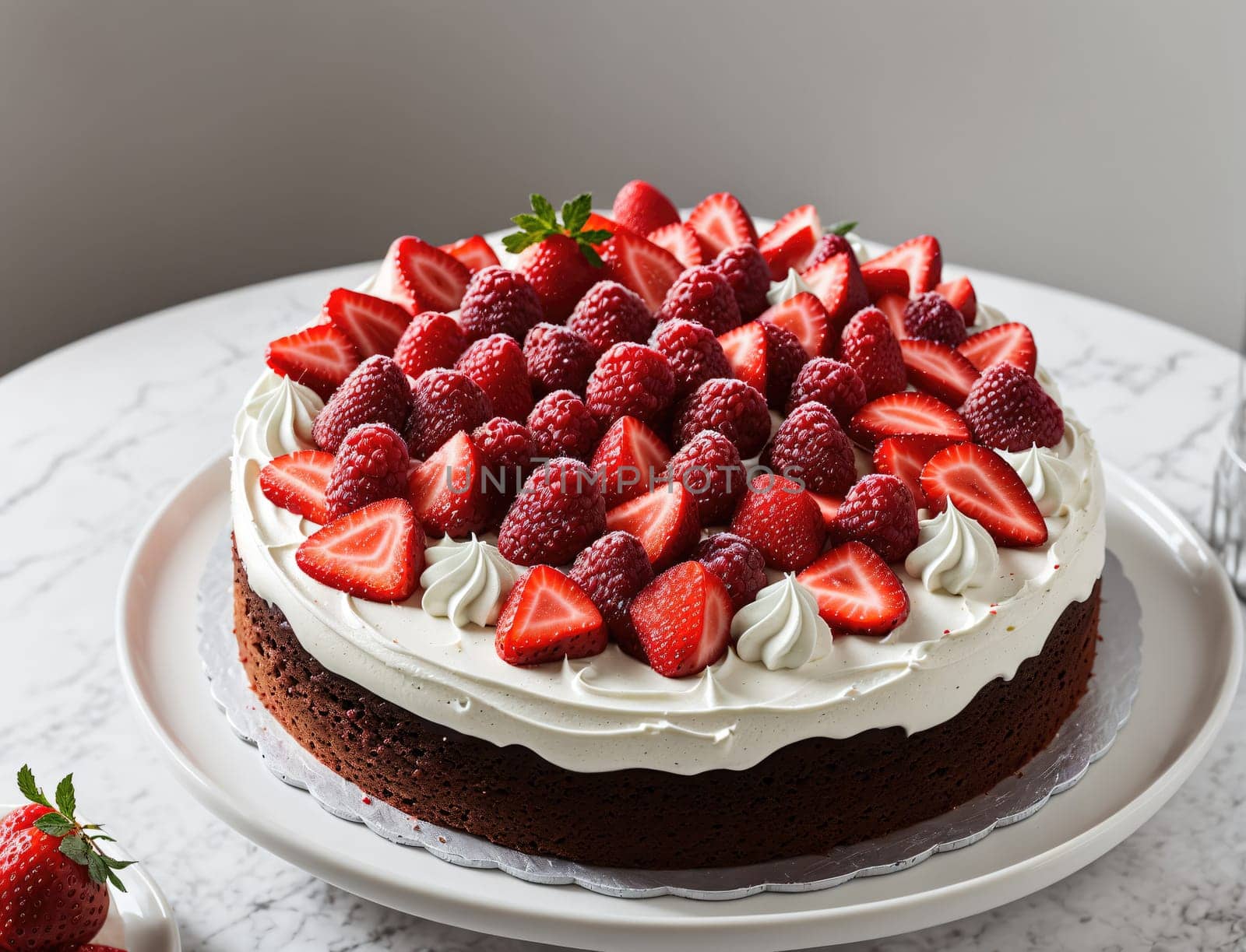 A vibrant red velvet cake sits invitingly on a marble table, adorned with a generous layer of whipped cream and a beautiful arrangement of fresh strawberries and raspberries. The combination of colors and textures makes the dessert look irresistible, perfect for any celebration.