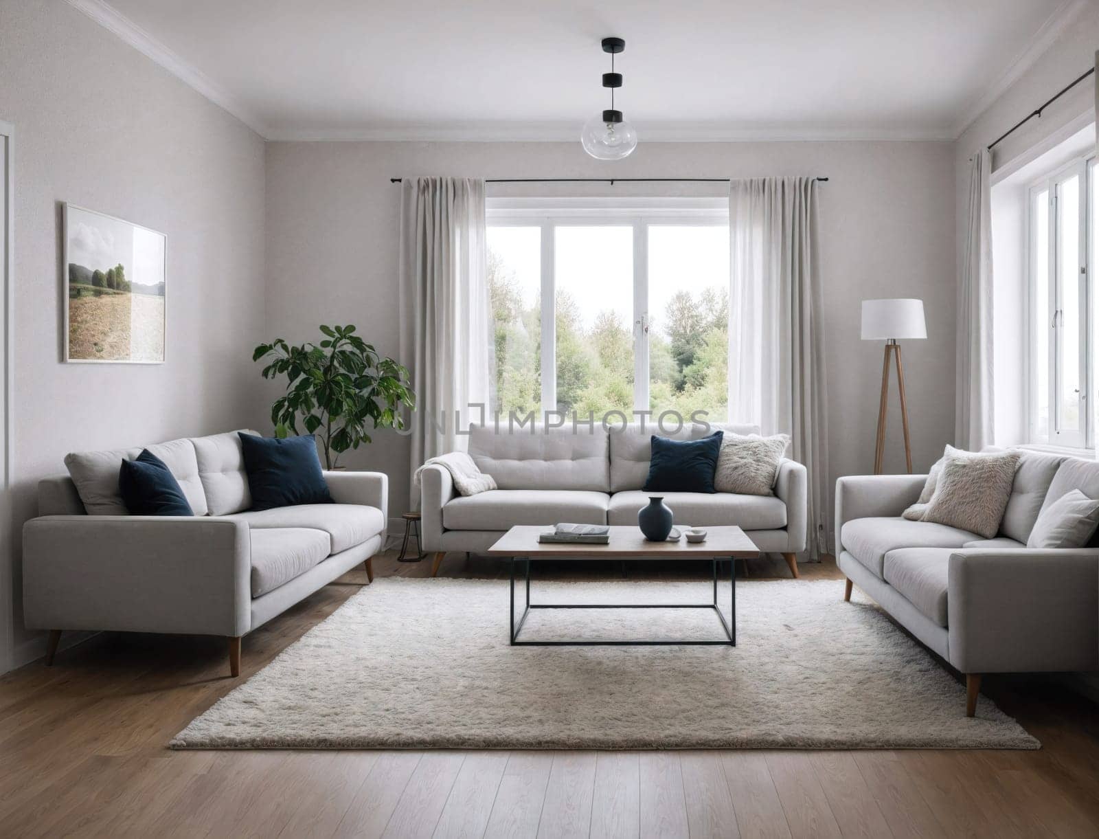 A beautifully designed modern living room features two comfortable sofas arranged around a central coffee table. Large windows allow natural light to fill the space, highlighting the elegant decor that includes indoor plants and soft furnishings. The atmosphere is inviting and stylish, perfect for relaxation or entertaining guests.