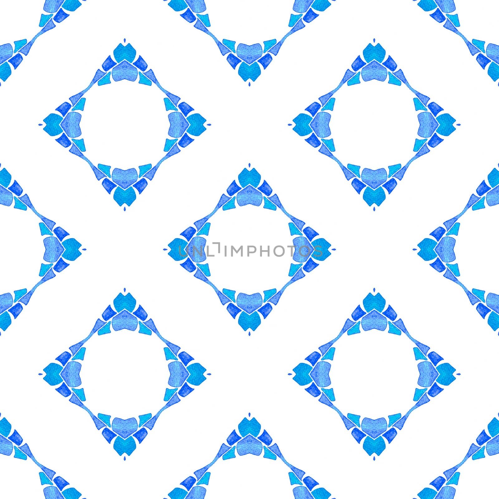 Ethnic hand painted pattern. Blue remarkable boho chic summer design. Textile ready ecstatic print, swimwear fabric, wallpaper, wrapping. Watercolor summer ethnic border pattern.