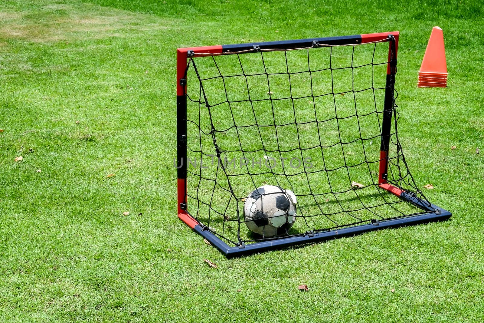 Soccer ball in goal net on green grass field with red cones