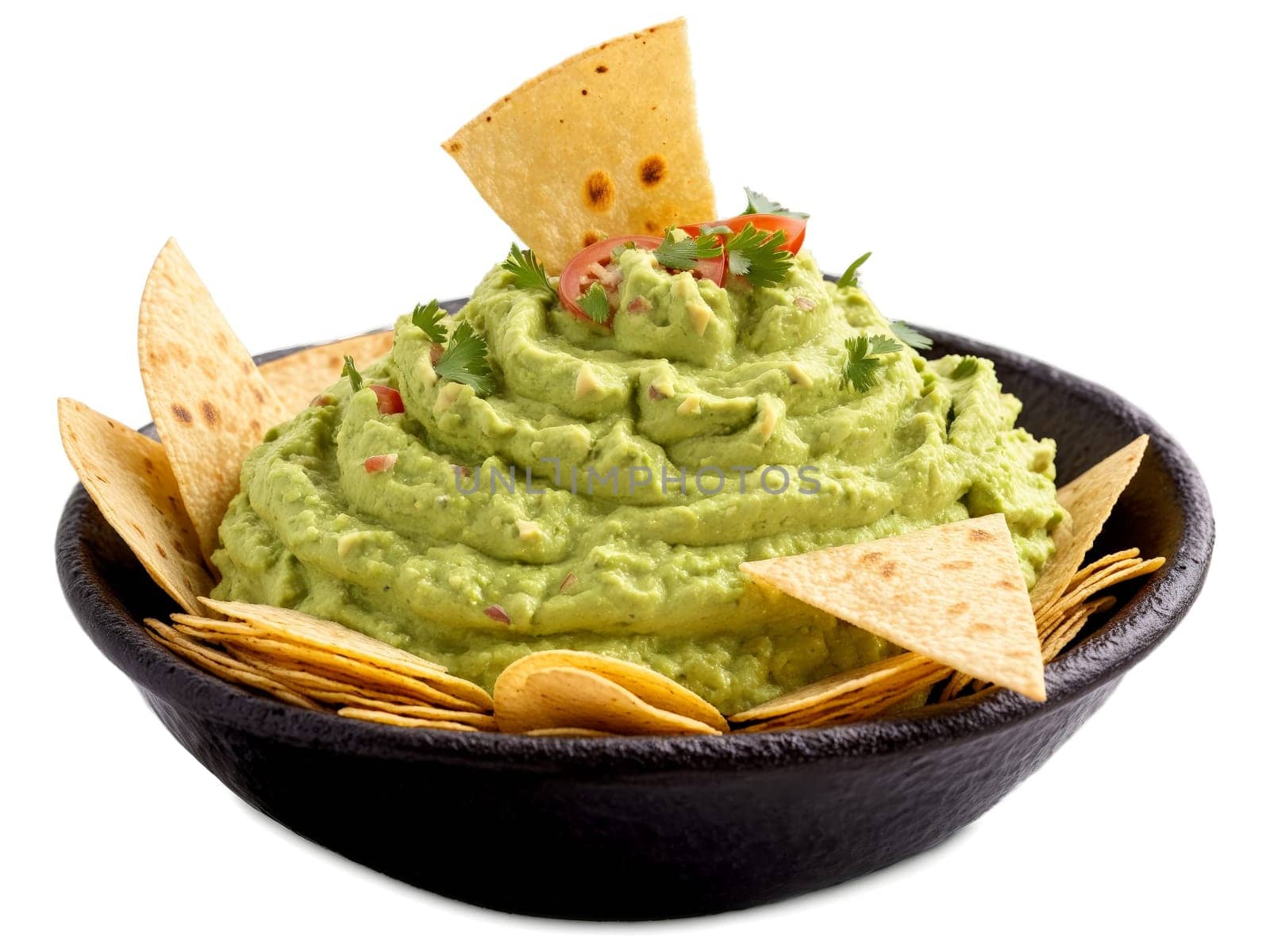Guacamole Fresh avocado dip served with crispy tortilla chips. Food isolated on transparent background.