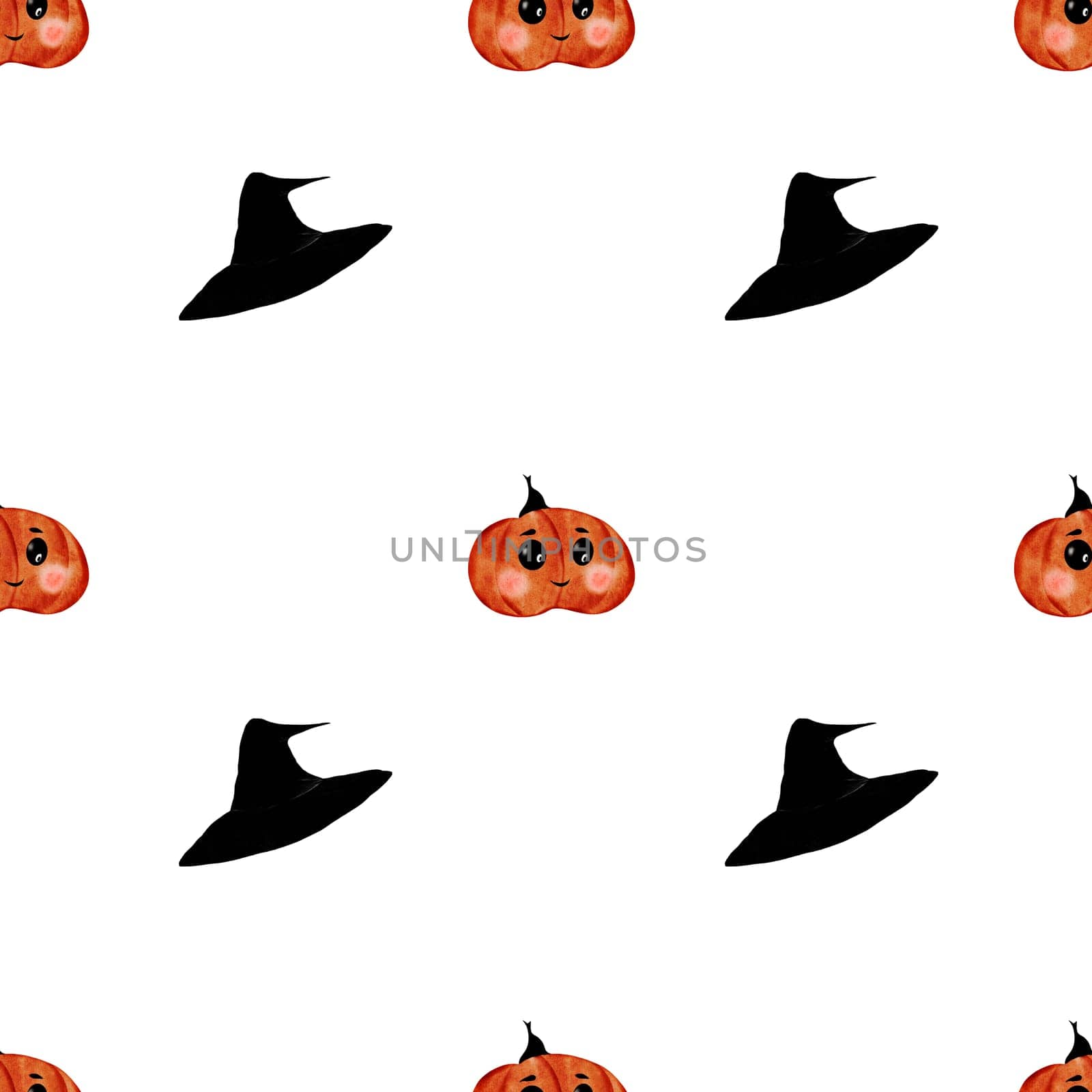 Halloween cute pattern. Hand drawn seamless illustration on isolated white background. Clip art of kawaii pumpkin. Perfect for textile printing and Halloween wrapping paper. High quality illustration