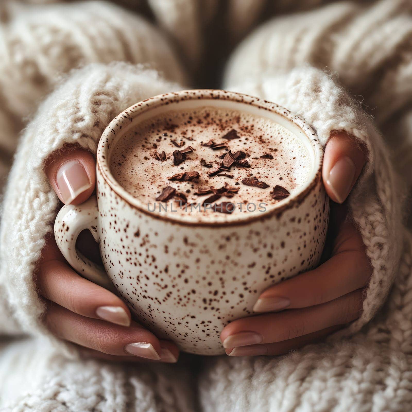 Hands gently cradle a speckled mug filled with delicious cocoa topped with chocolate shavings, radiating warmth on a cool afternoon.