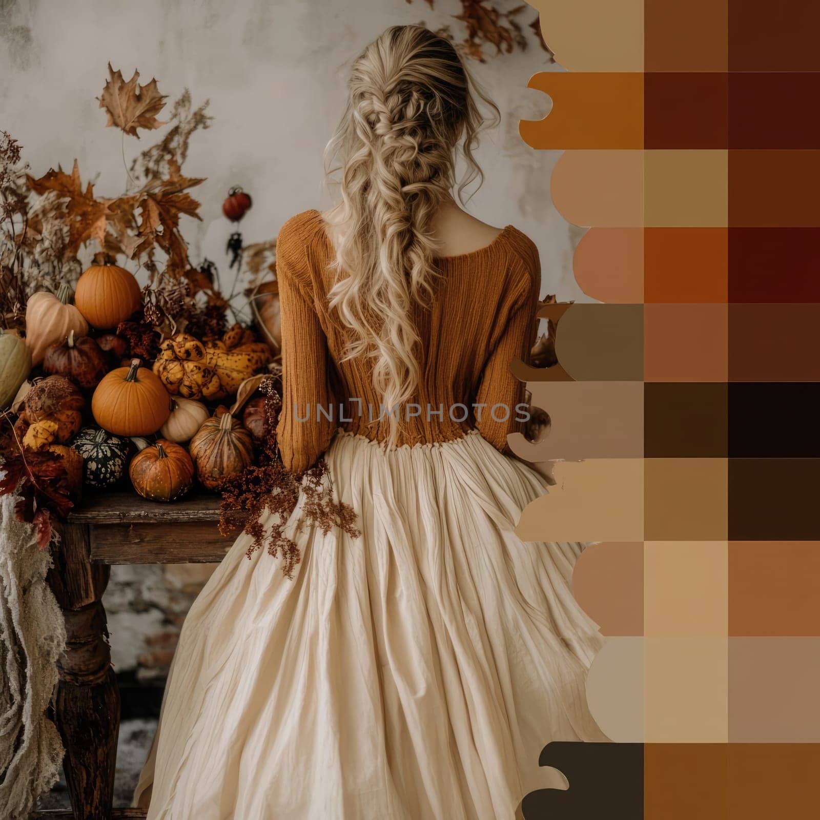 A woman with long, braided hair stands with her back to the camera, surrounded by a variety of pumpkins and fall leaves, capturing the essence of autumn in a charming rustic atmosphere.