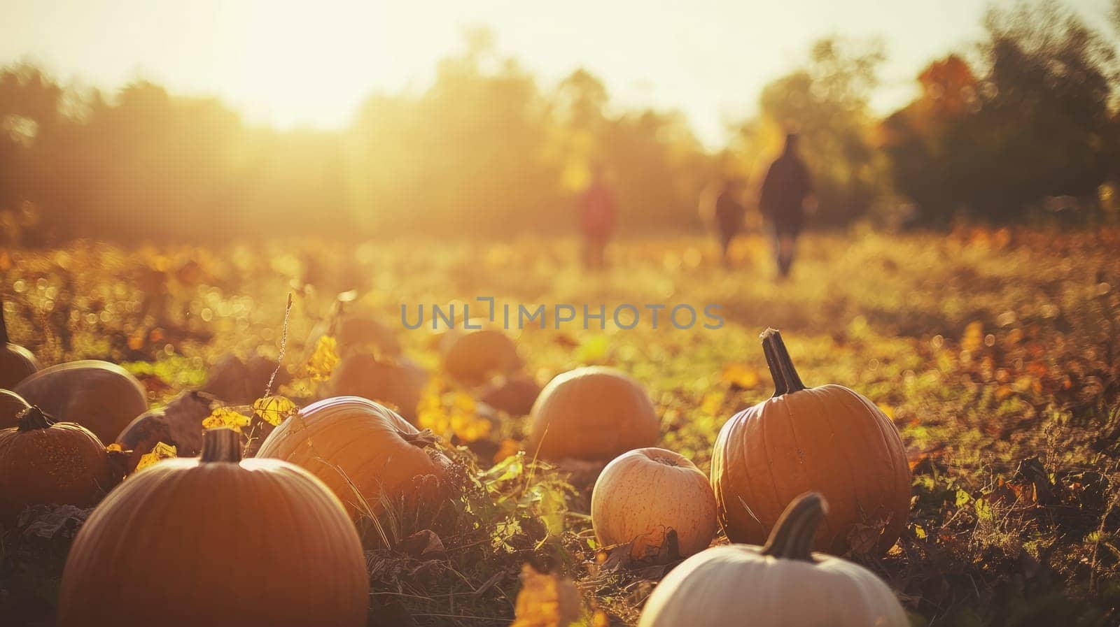 The warm glow of the setting sun illuminates a pumpkin patch, where plump orange pumpkins are nestled among thick green vines, creating a picturesque autumn landscape.