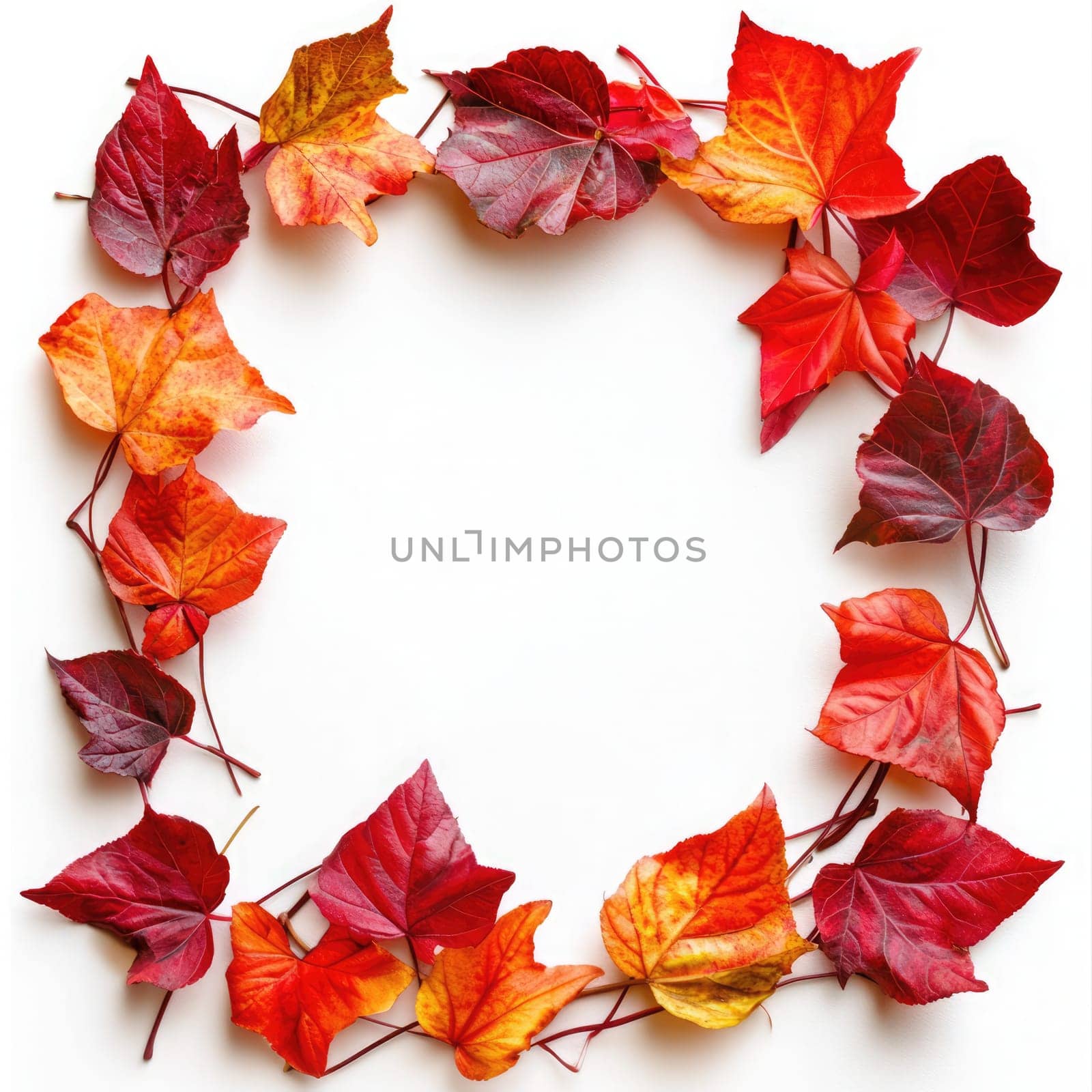 A decorative frame made of various autumn leaves features shades of red, orange, and yellow, creating a vibrant natural border on a neutral backdrop.