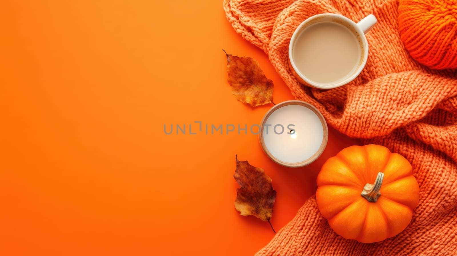 A cup of steaming coffee sits beside a lit candle, surrounded by a pumpkin and autumn leaves atop a soft knit scarf against an orange backdrop.