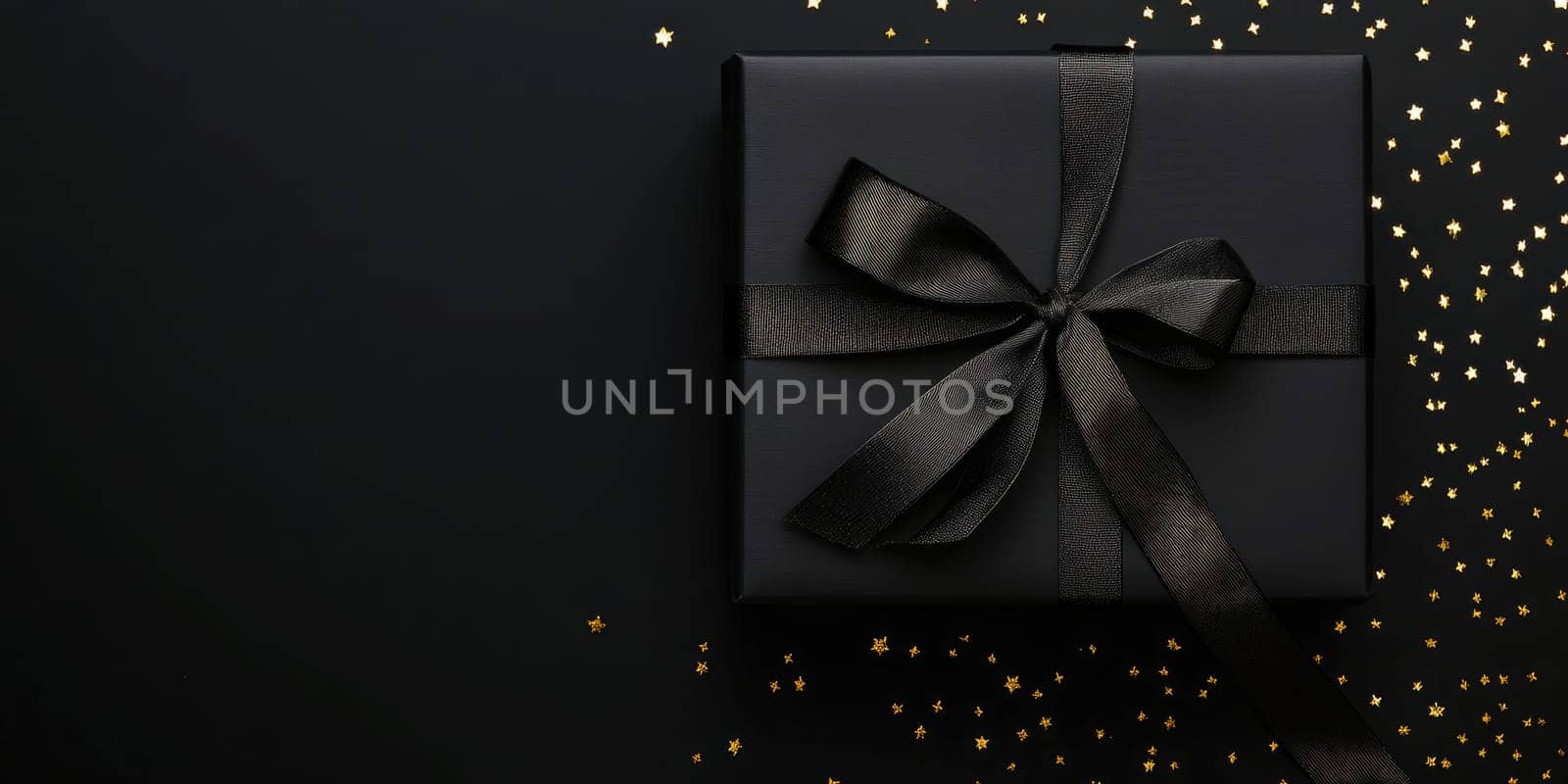 This dark setting features an elegant black gift box tied with a satin ribbon. Golden stars sprinkle the background, enhancing the festive atmosphere.