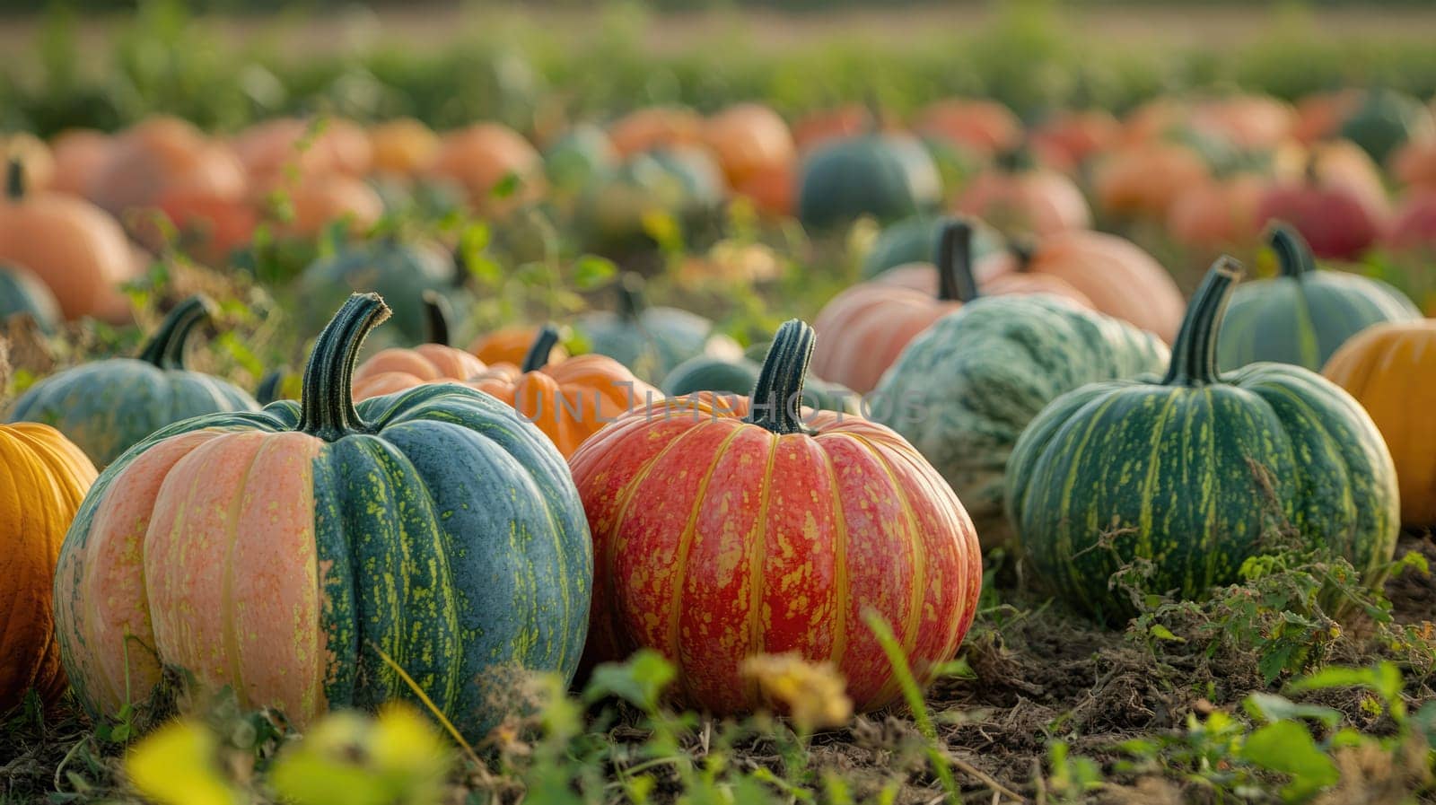 A variety of pumpkins in shades of orange, green, and yellow dot the ground in a lively field. The scene captures the essence of the autumn harvest, highlighting nature's bounty.