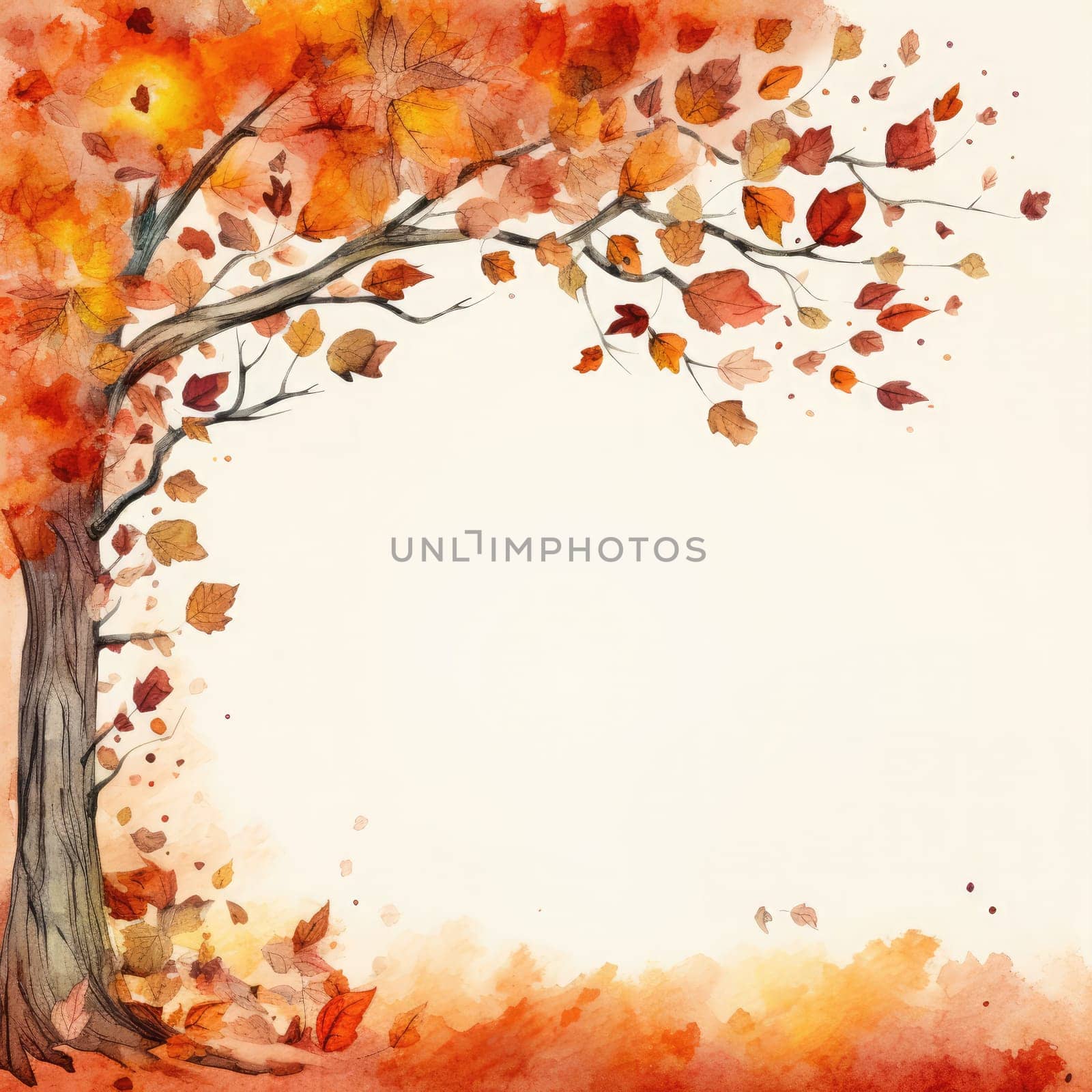 A picturesque autumn setting shows a tree with brilliant orange and red leaves, as colorful foliage swirls gently around its base, capturing the beauty of the fall season.