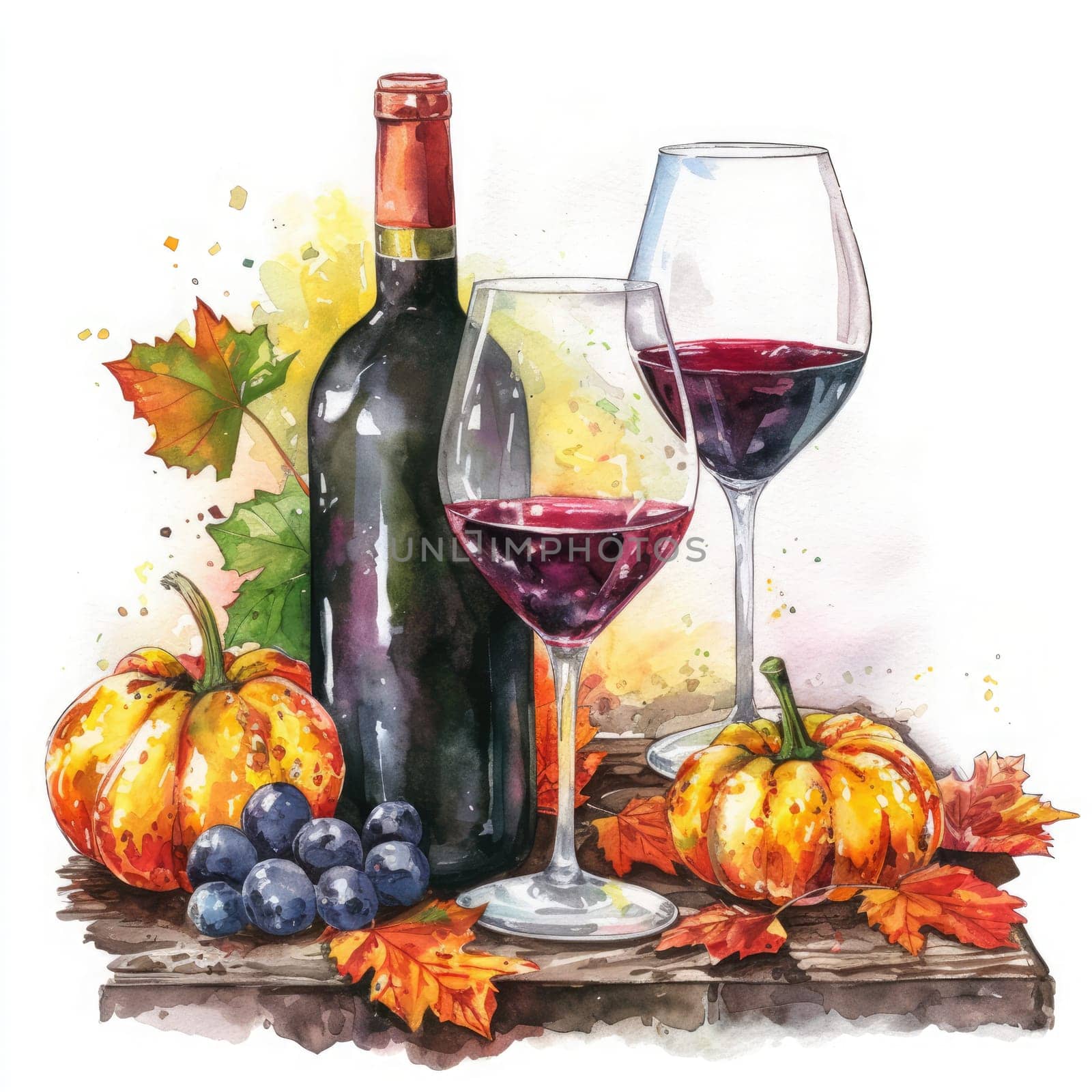 A charming display features a bottle of red wine beside two glasses filled with dark liquid. Small pumpkins and grapes accompany the arrangement amid colorful autumn leaves.