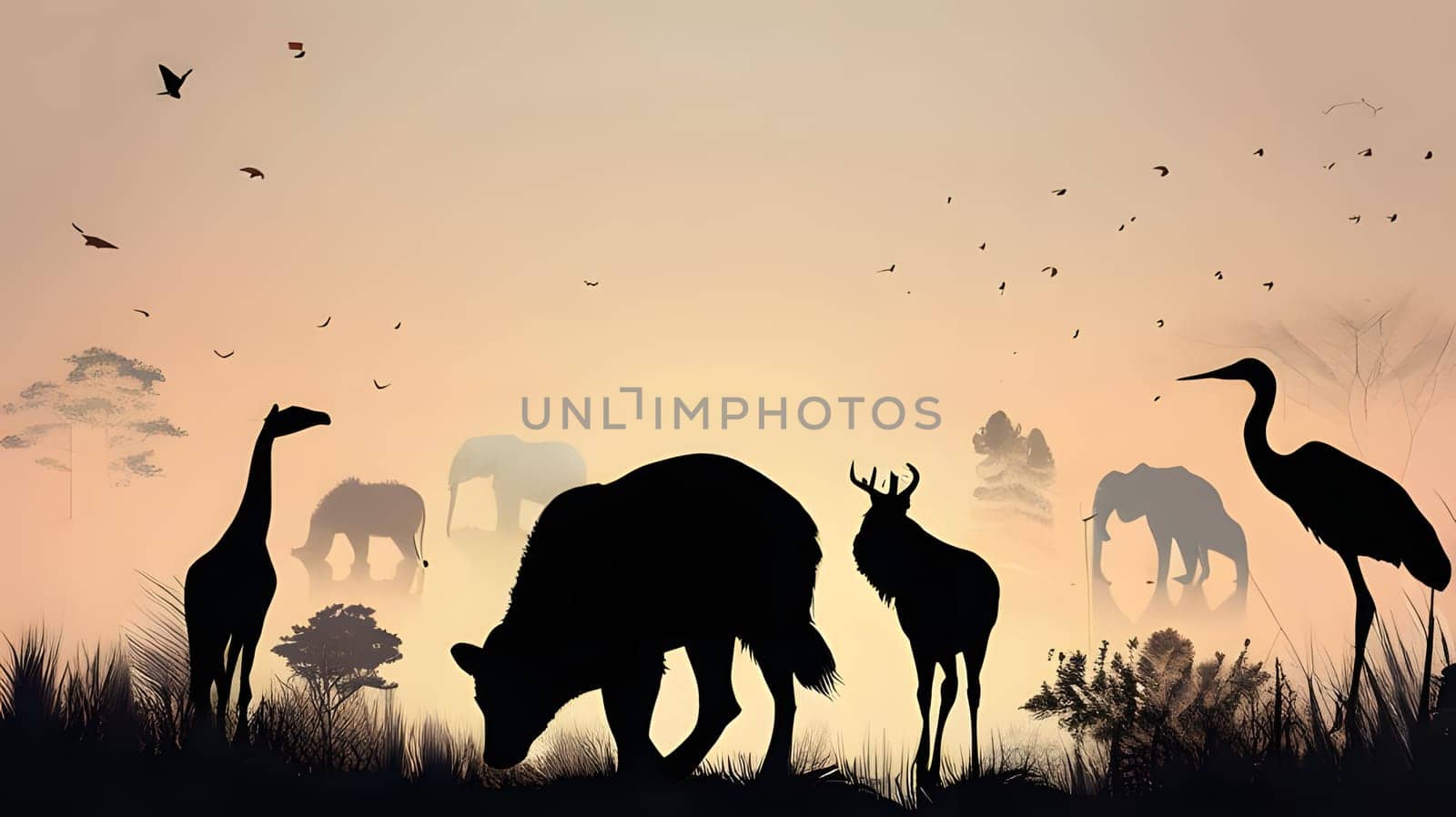 Various animals, including a bear, giraffe, and elephants, are silhouetted against a vibrant sunset sky, creating a peaceful and harmonious natural setting.