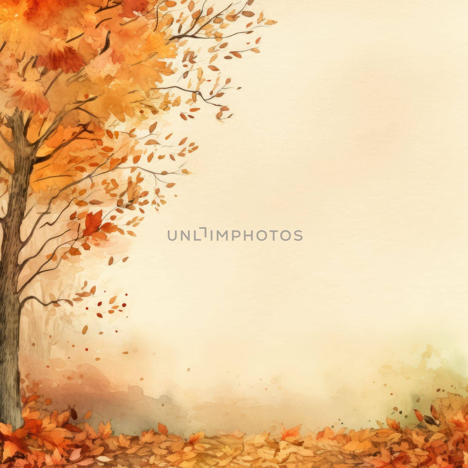 A picturesque autumn setting shows a tree with brilliant orange and red leaves, as colorful foliage swirls gently around its base, capturing the beauty of the fall season.