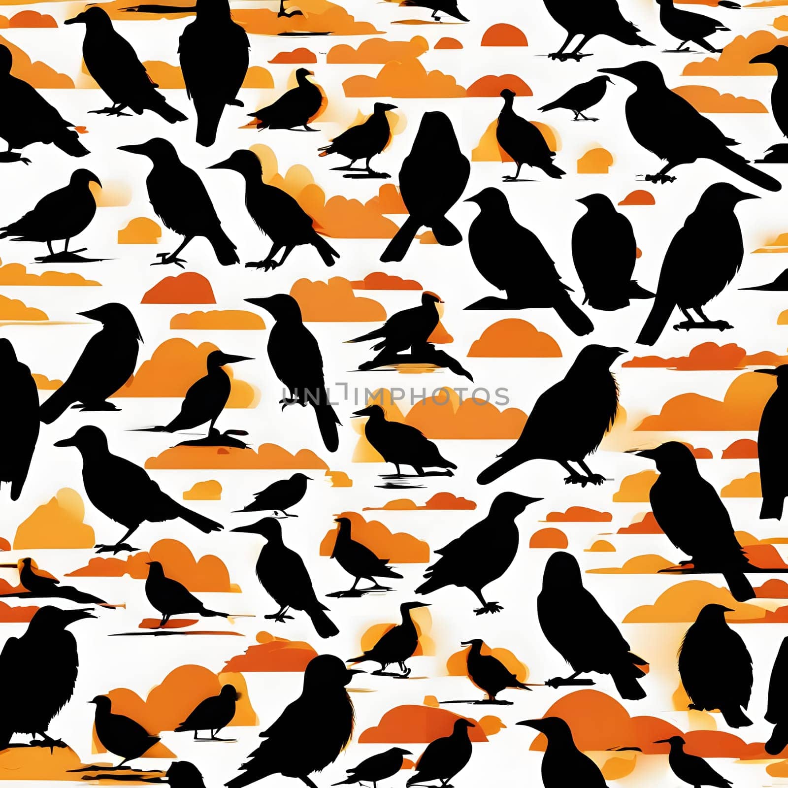 A vibrant backdrop features a sunset with orange clouds, while numerous bird silhouettes of various sizes and shapes are scattered throughout the design, creating a lively and dynamic composition.