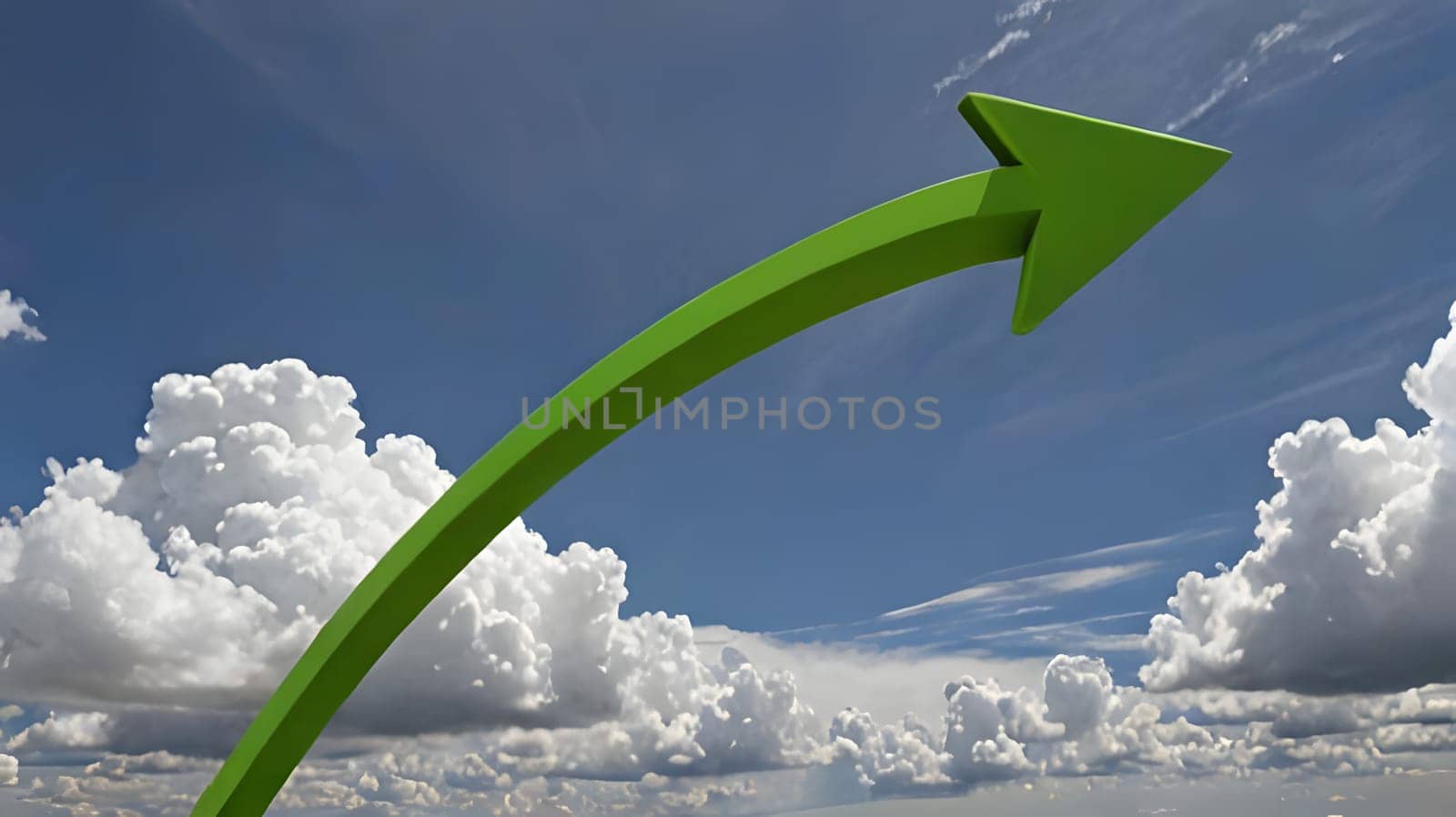 A vibrant green arrow stretches upwards, set against a backdrop of a bright blue sky and fluffy white clouds, symbolizing progress and growth in a serene atmosphere.