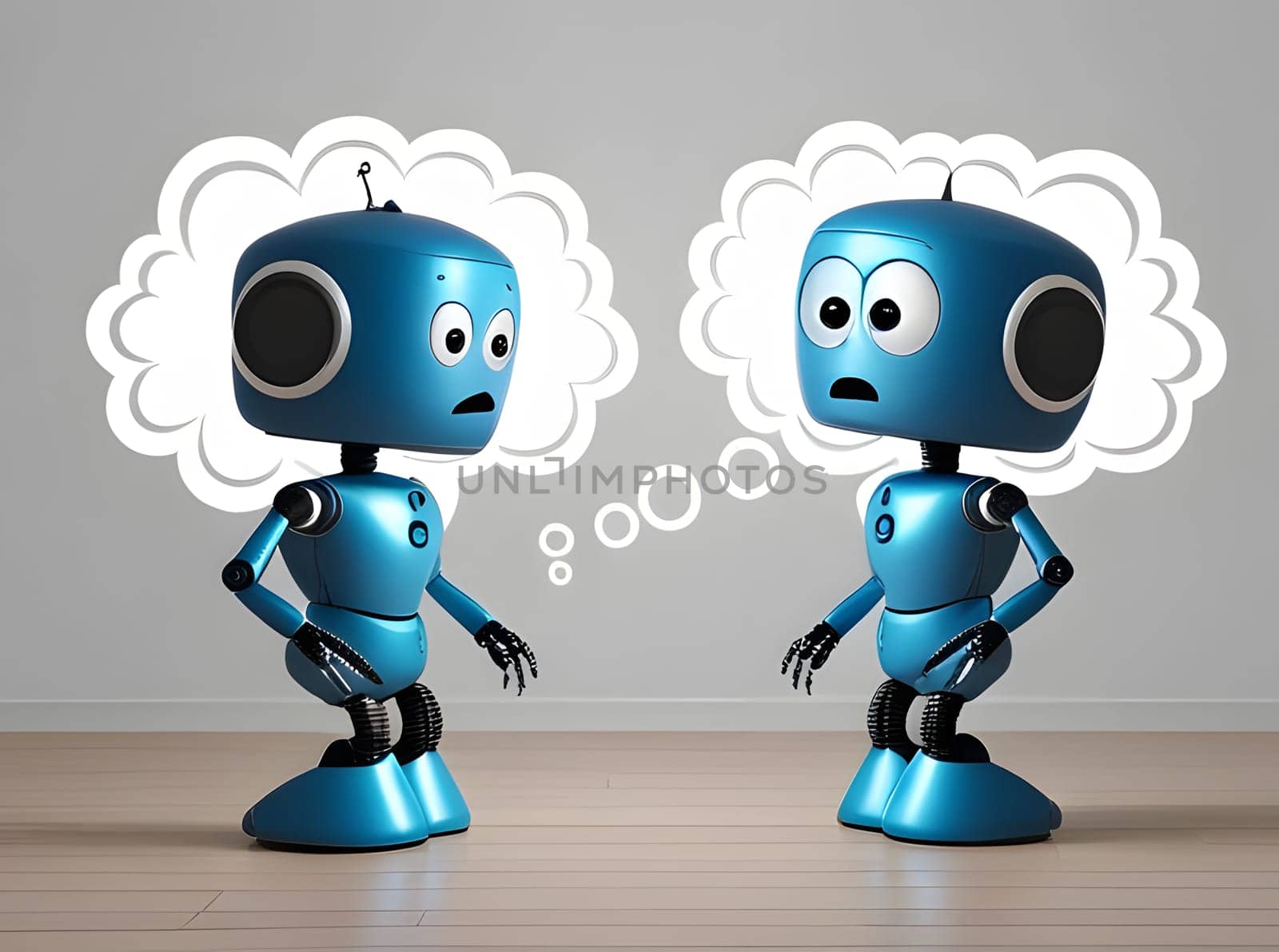 Two blue robots express curiosity while sharing ideas in a simple room. Their animated features suggest a lively discussion, highlighting their imaginative capabilities and emotions.