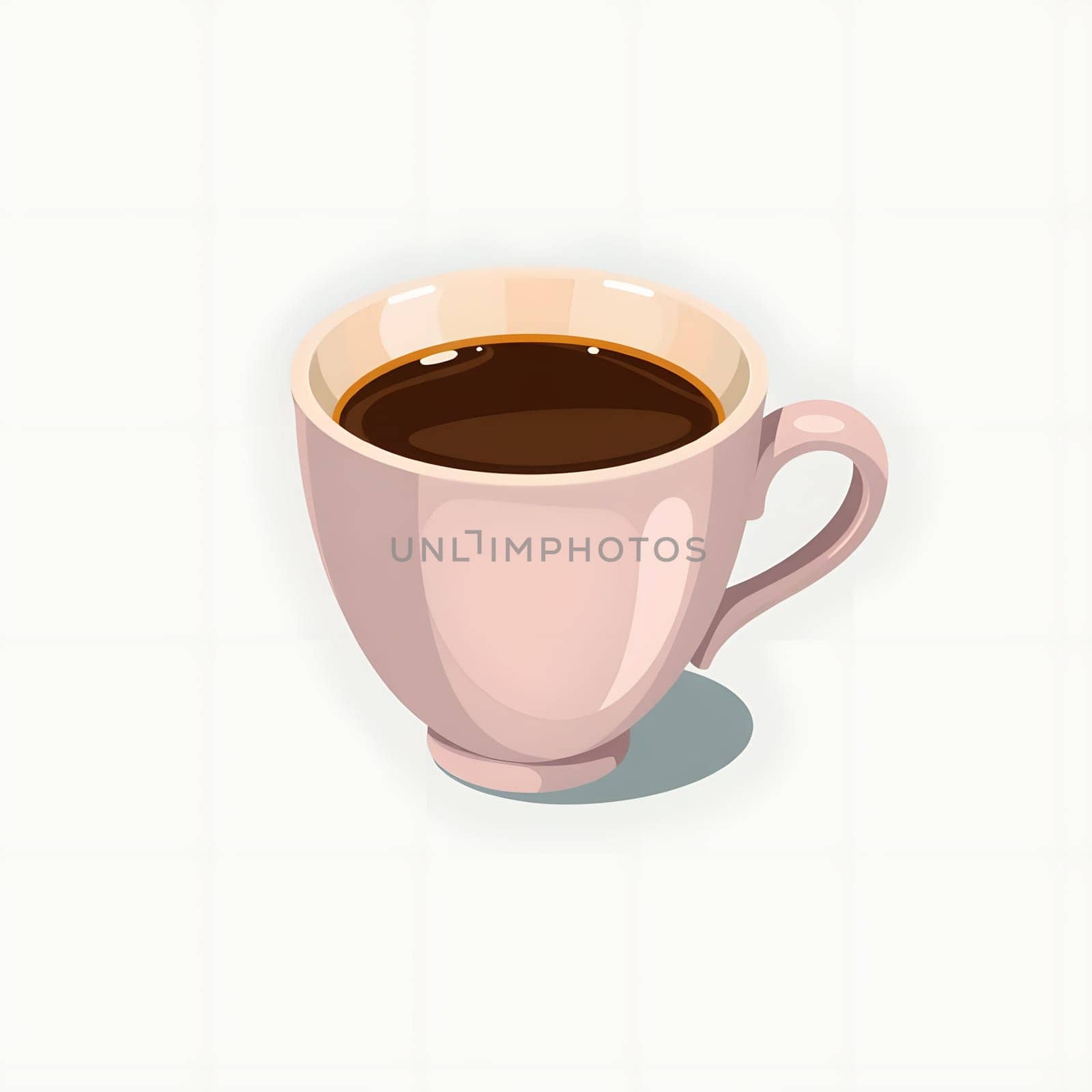 A pink cup holds rich, dark coffee, sitting elegantly against a soft light background, inviting warmth and comfort. The scene suggests a moment of relaxation.