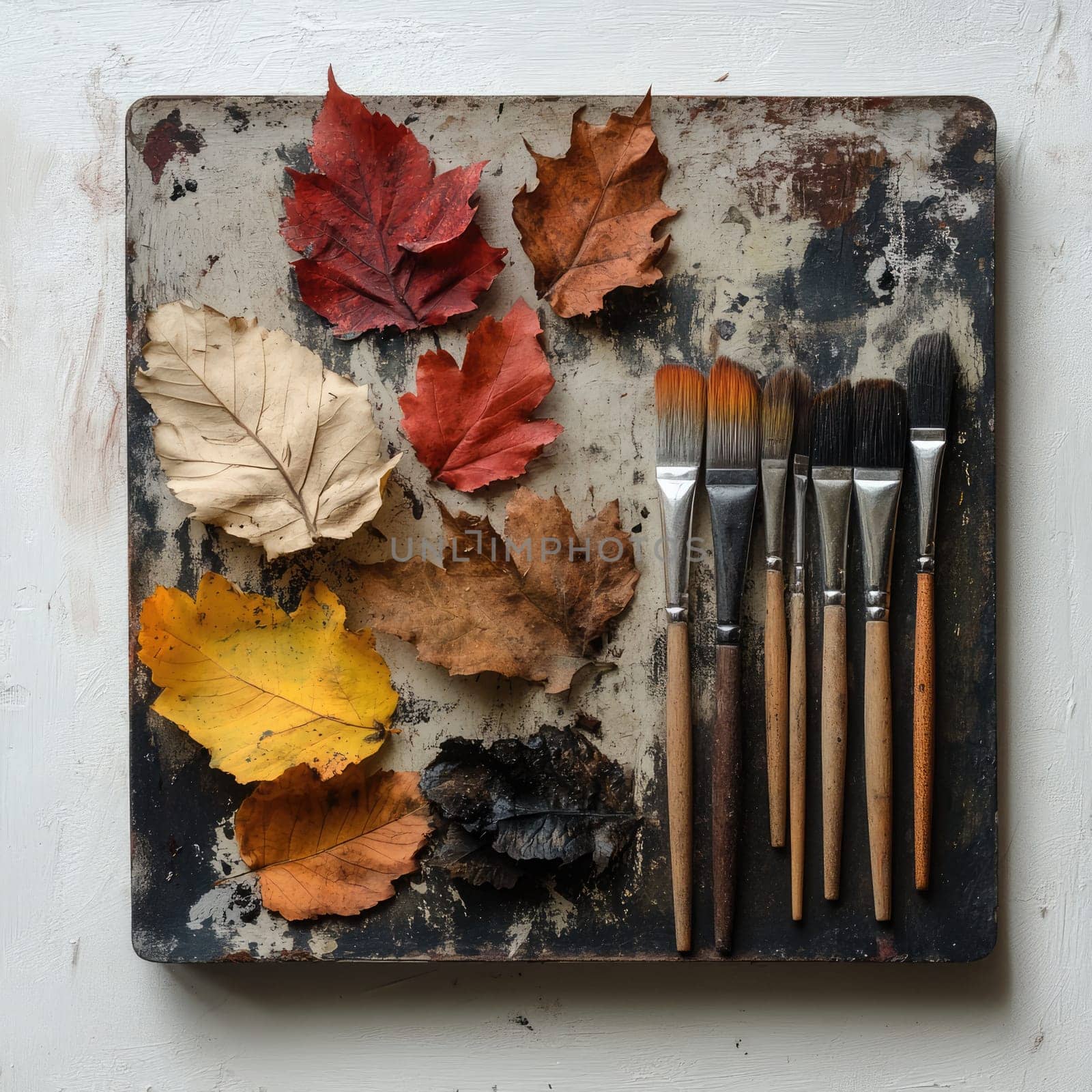An array of vibrant autumn leaves lies alongside various paintbrushes arranged neatly on a rustic, weathered surface, highlighting the season's beauty and artistry.