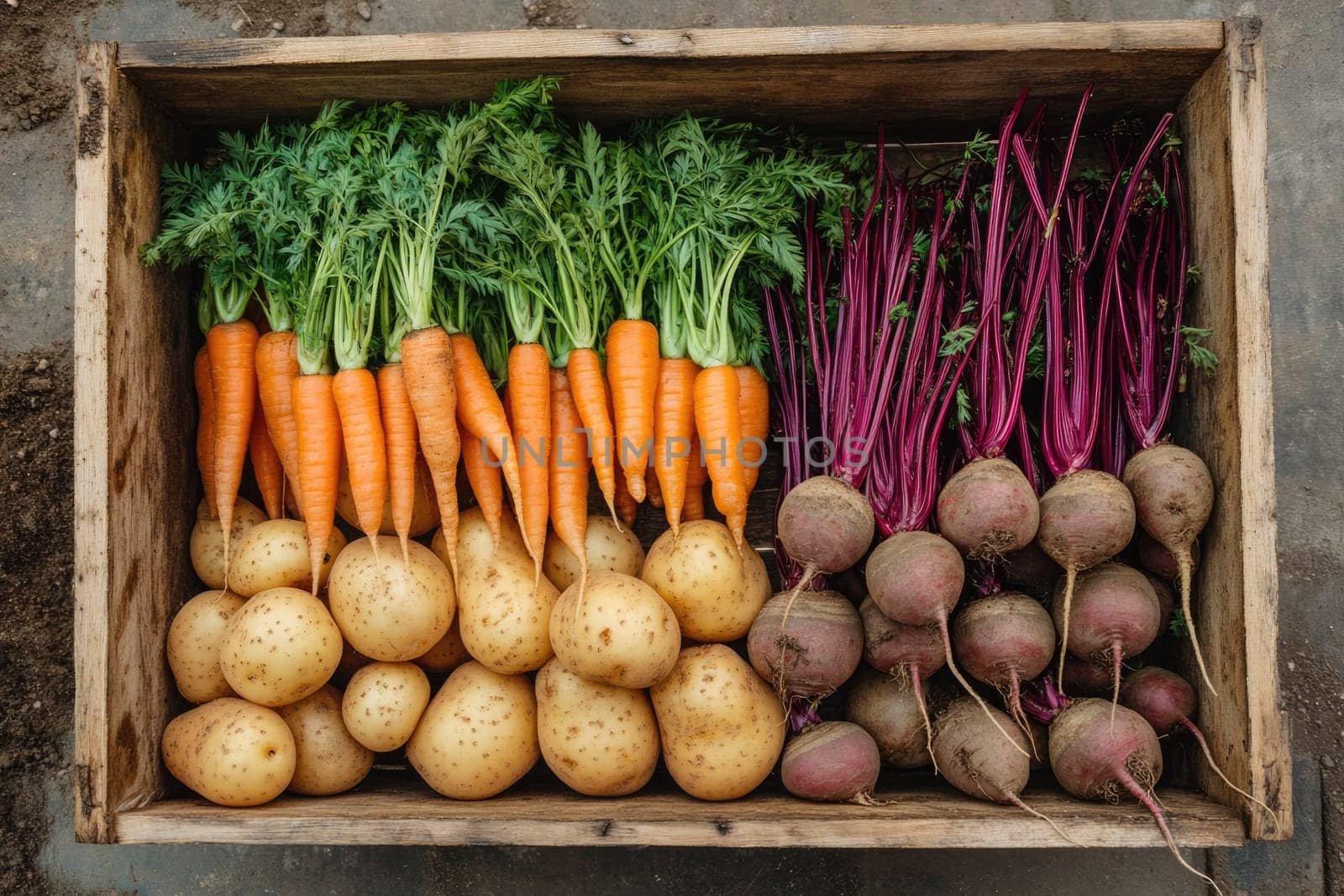 A wooden crate holds vibrant, freshly harvested vegetables, including bright orange carrots, golden potatoes, and deep purple radishes, set against a rustic backdrop.