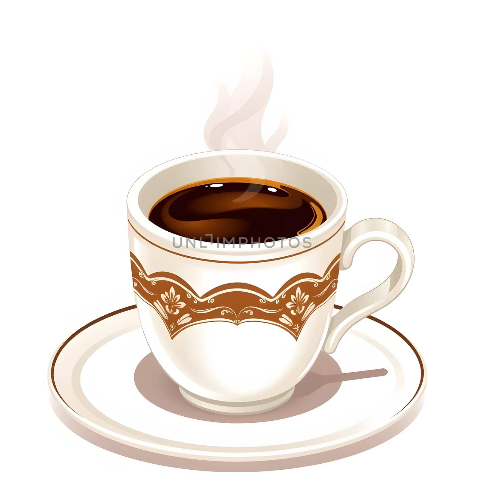 A delicate cup of steaming coffee sits on a white saucer, showcasing an elegant design with subtle brown accents. The steam rises gracefully, indicating the drink's warmth.
