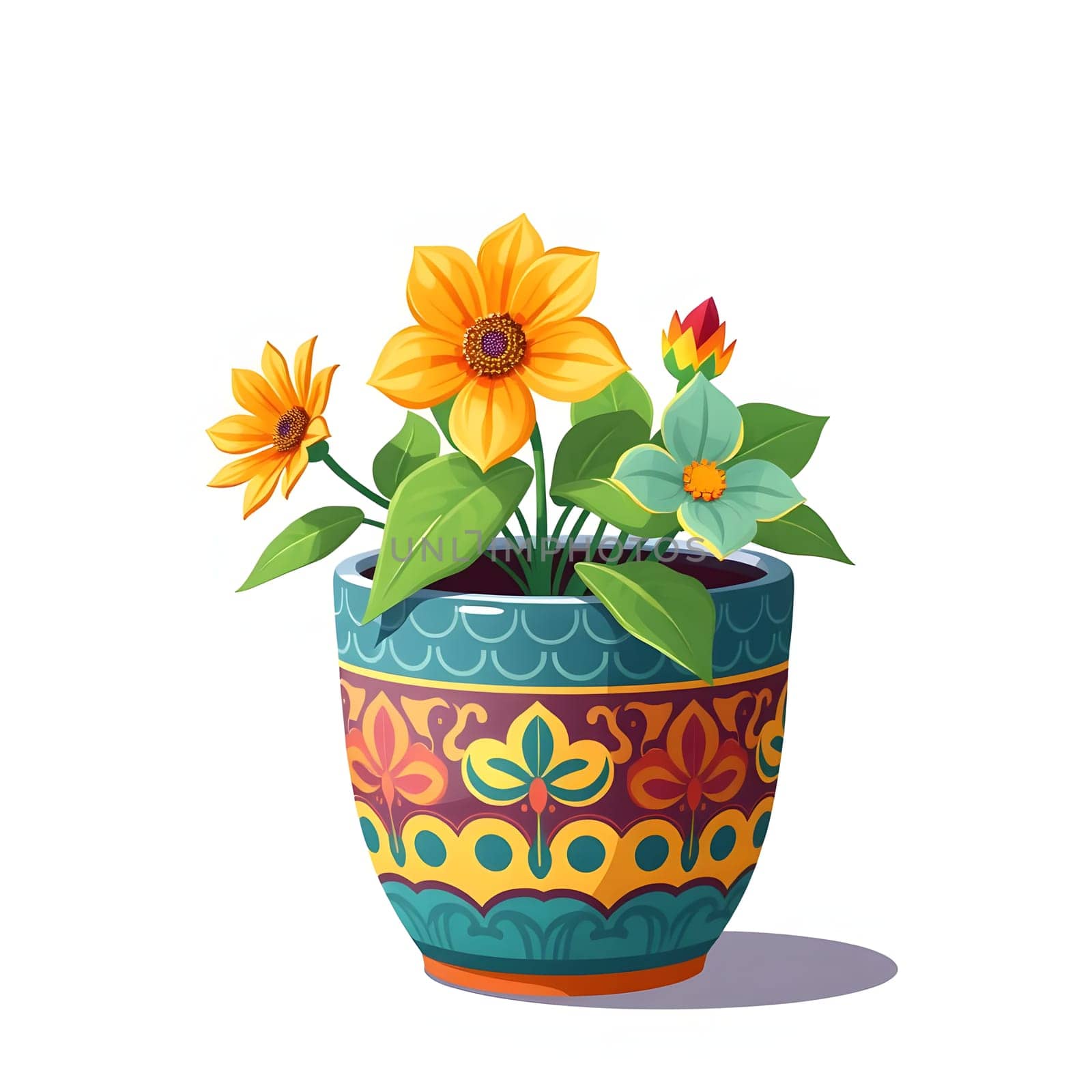 A beautifully crafted pot holds blooming flowers, featuring bright yellow sunflowers and a mix of lush greenery. The pot is adorned with intricate patterns, enhancing its charm.