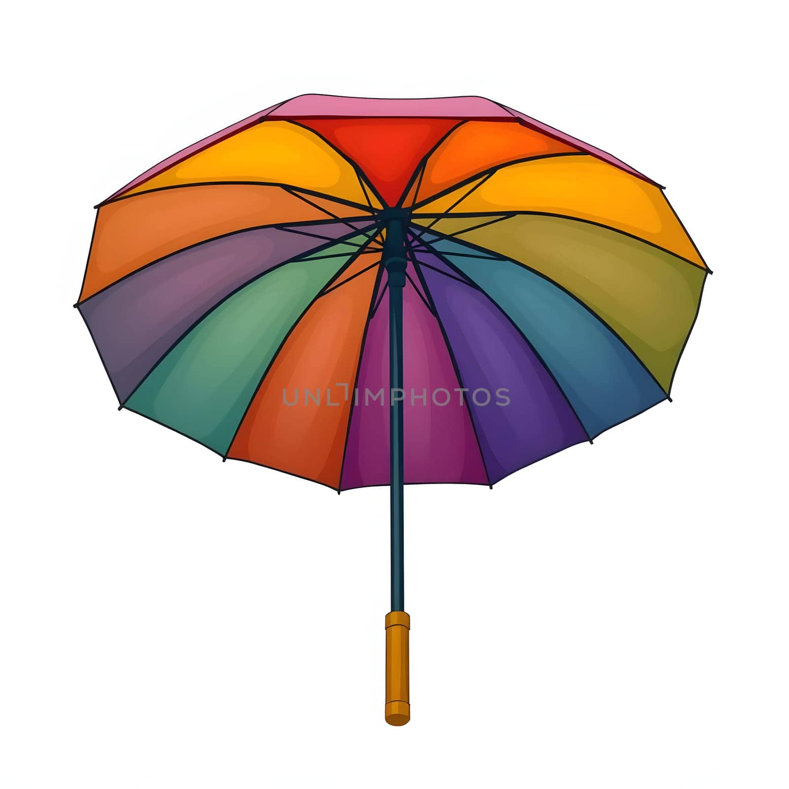A vibrant, multi-colored umbrella is open, showcasing its rainbow spectrum. The umbrella's design features a sturdy frame, captured against a neutral setting, enhancing its vividness.
