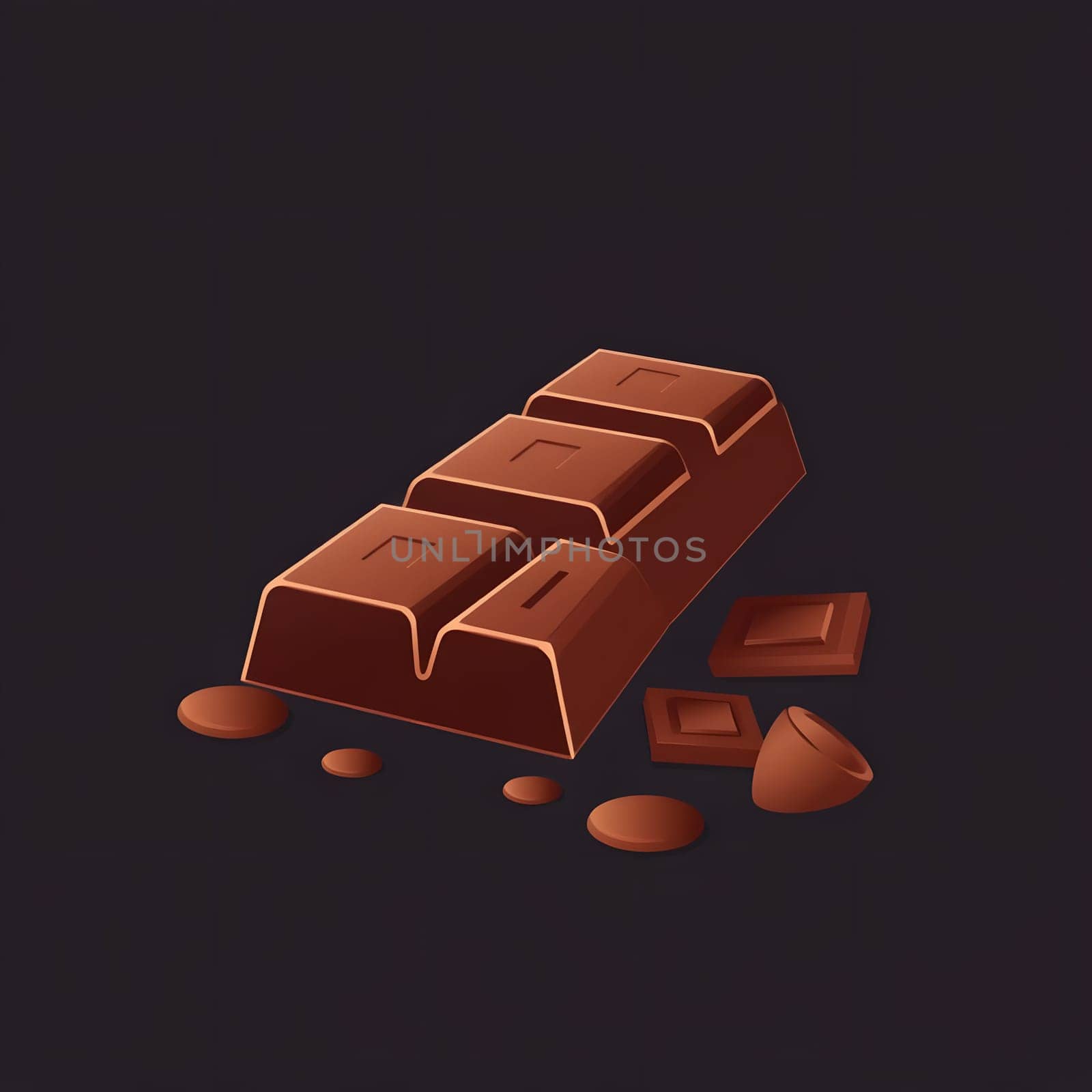 A rich chocolate bar rests on a dark surface, accompanied by scattered pieces and crumbs. The texture and color highlight its tempting shine, inviting indulgence.