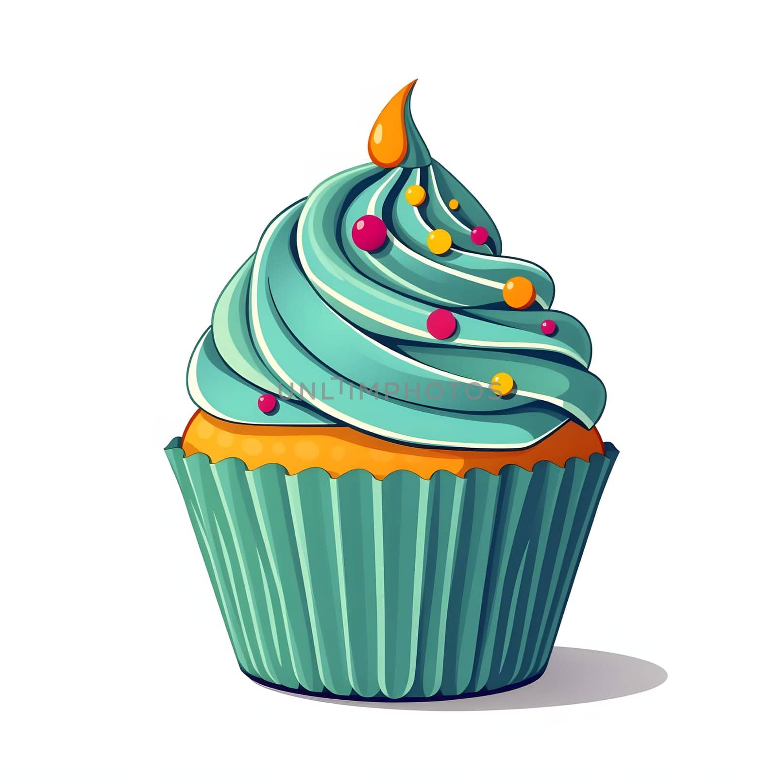 A vibrant turquoise cupcake features a fluffy swirl of icing topped with cheerful, colorful sprinkles. It sits gracefully in a teal cupcake liner, emphasizing its delightful appearance.