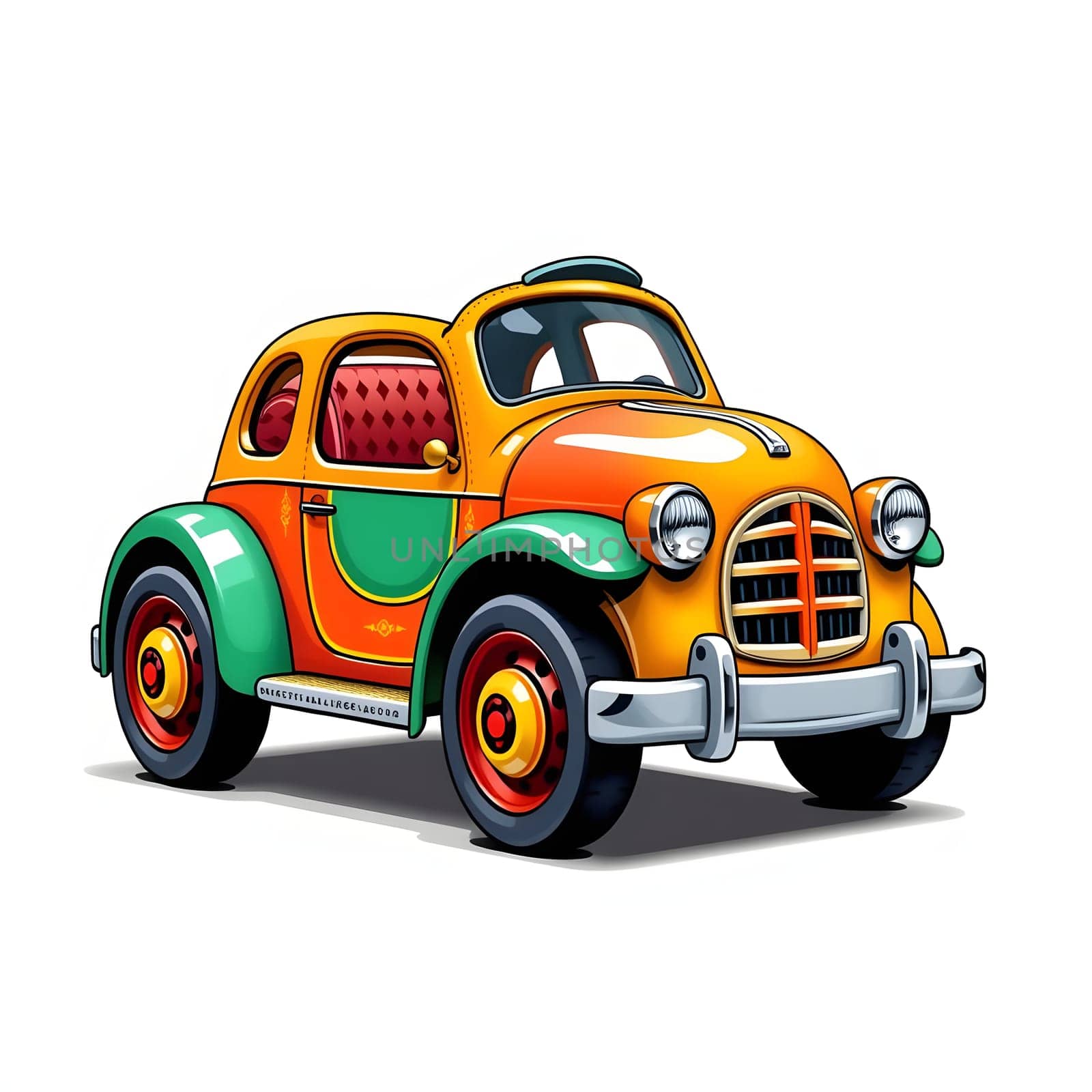 A cheerful vintage toy car features a vibrant orange and green design, showcasing its retro charm. Ideal for collectors or as a decoration in playrooms.
