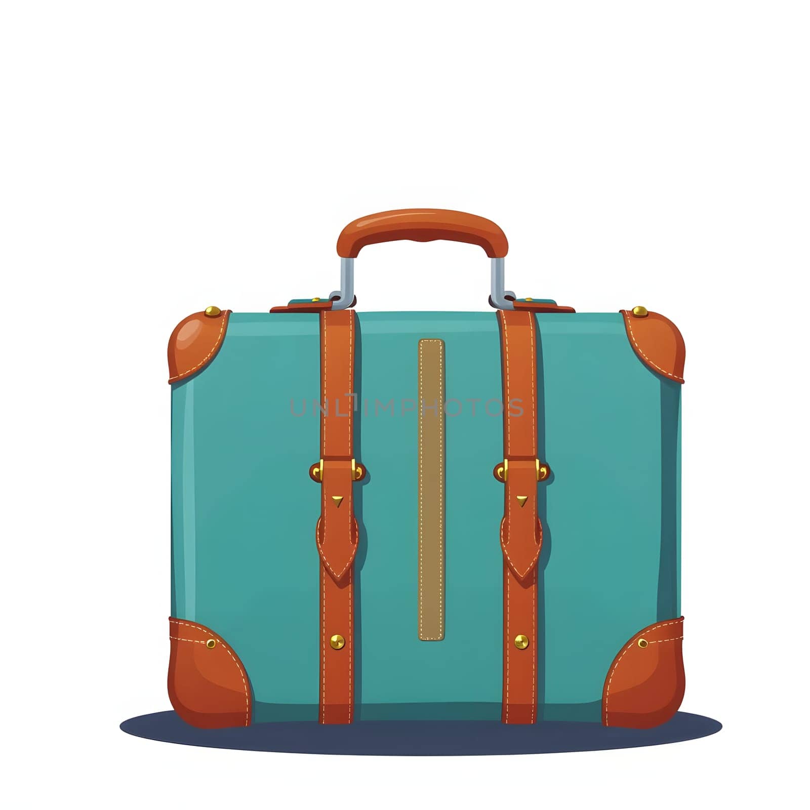 A vintage-style suitcase in blue with brown leather straps and corners rests on a flat surface. The design features a sturdy handle, perfect for travel and adventure.
