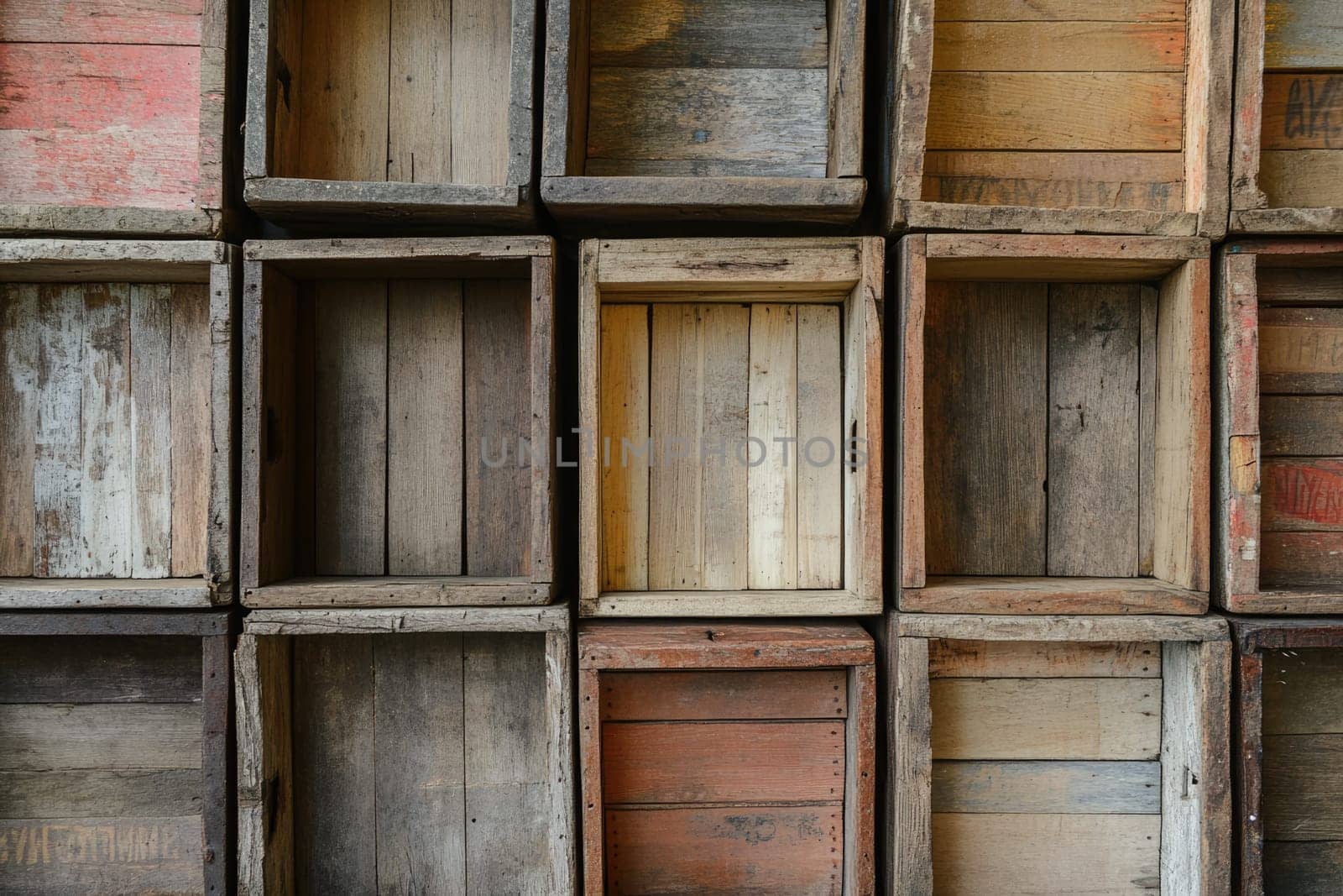 The arrangement features wooden crates of different colors and textures, stacked neatly against a wall. The rustic appearance highlights the wear and individuality of each crate.