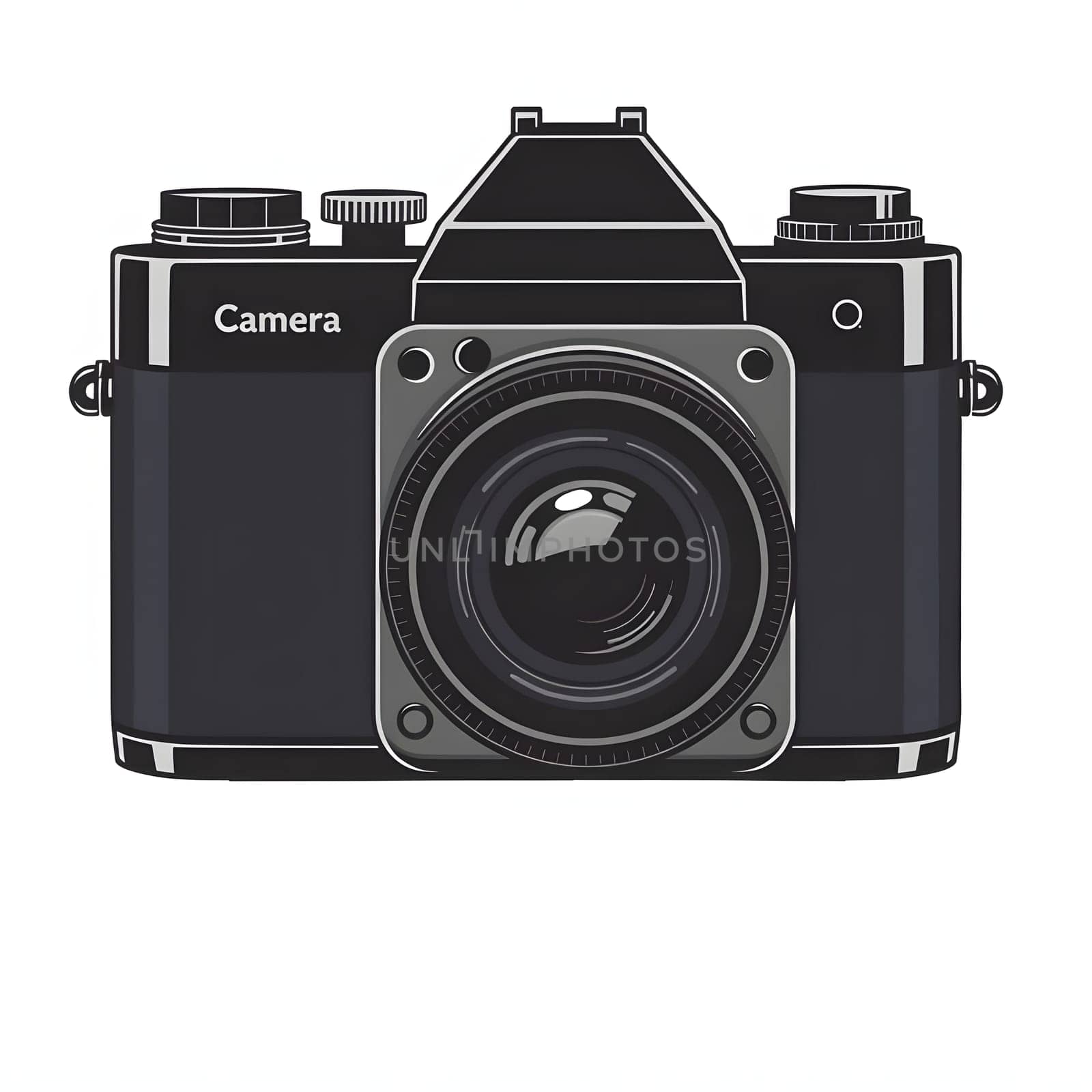 A detailed illustration of a classic vintage camera showcases its intricate design and features. The black and silver color scheme enhances its nostalgic appeal and allure for photography enthusiasts.