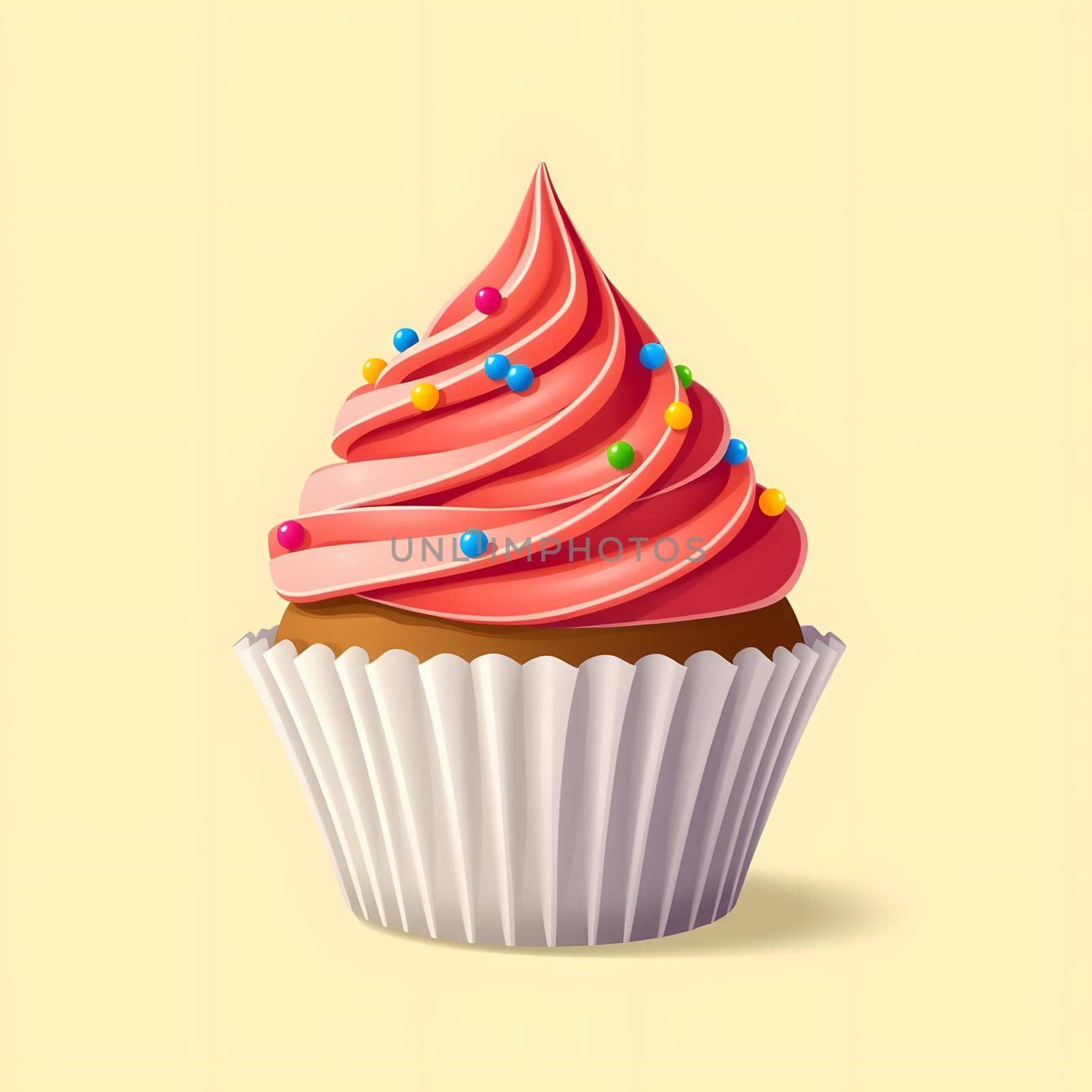 A tempting cupcake topped with smooth pink frosting and vibrant sprinkles sits elegantly on a soft pastel background, inviting a sweet treat experience that delights the senses.