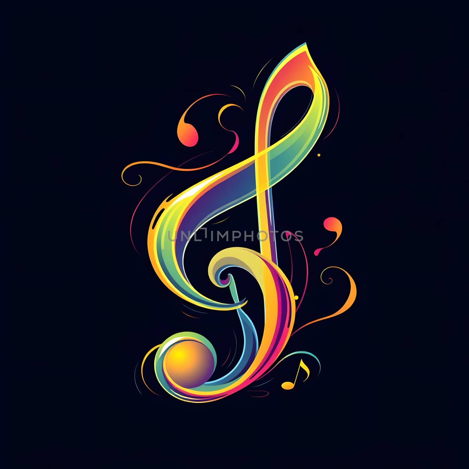 A vibrant treble clef stands out against a dark background, surrounded by colorful swirls and musical notes that enhance its artistic flair, creating an energetic musical theme.