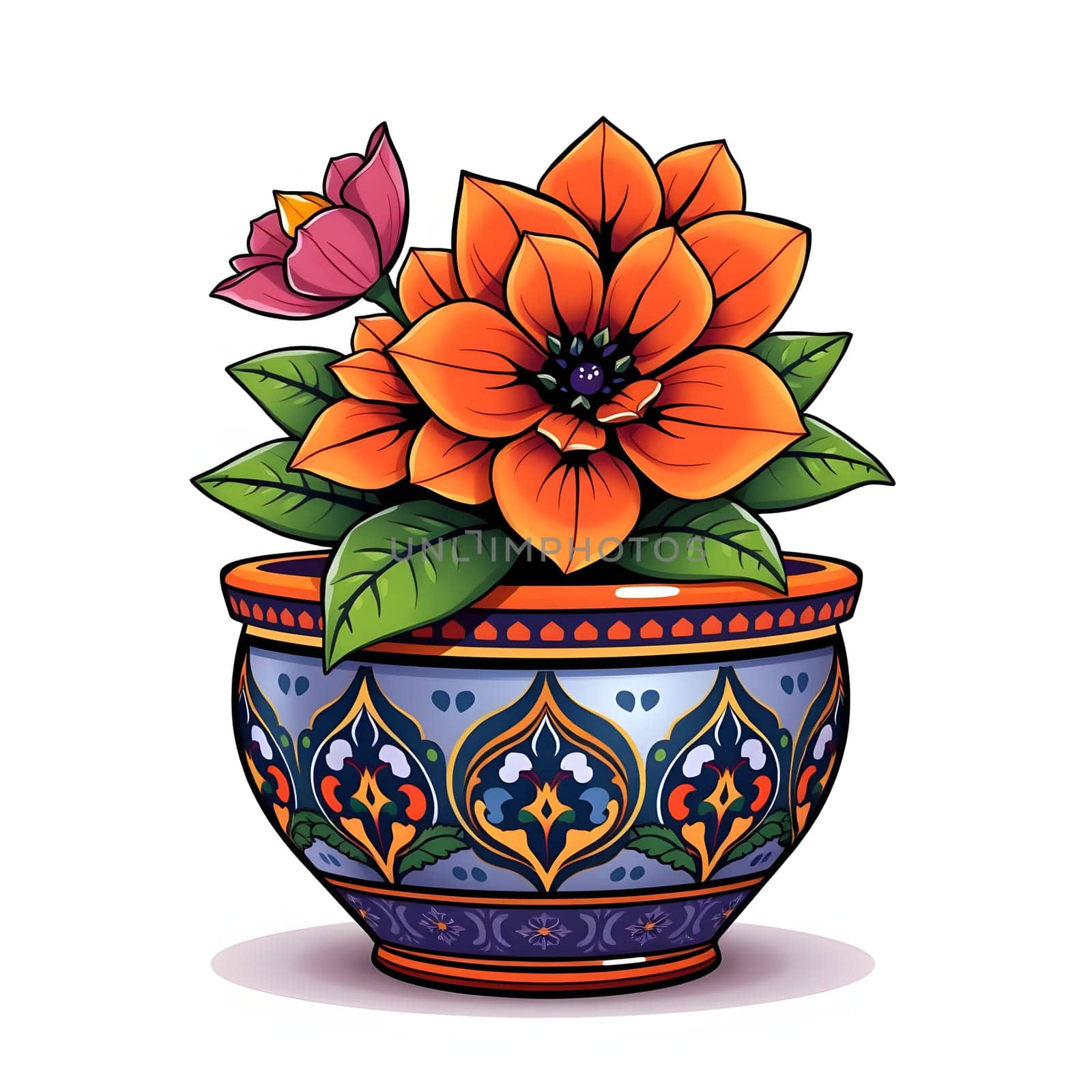 A vibrant arrangement of orange and pink flowers fills a beautifully designed pottery pot. The flowers are surrounded by lush green leaves, showcasing their intricate details and colors.