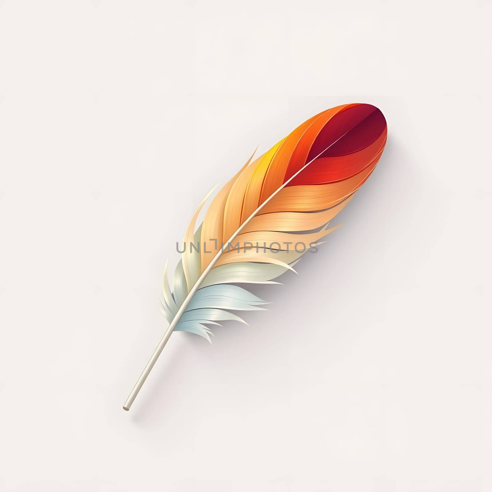 A striking representation of a feather crafted from paper with vibrant hues of red, orange, yellow, and blue. The artistic design emphasizes the delicate nature of the feather against a soft backdrop.