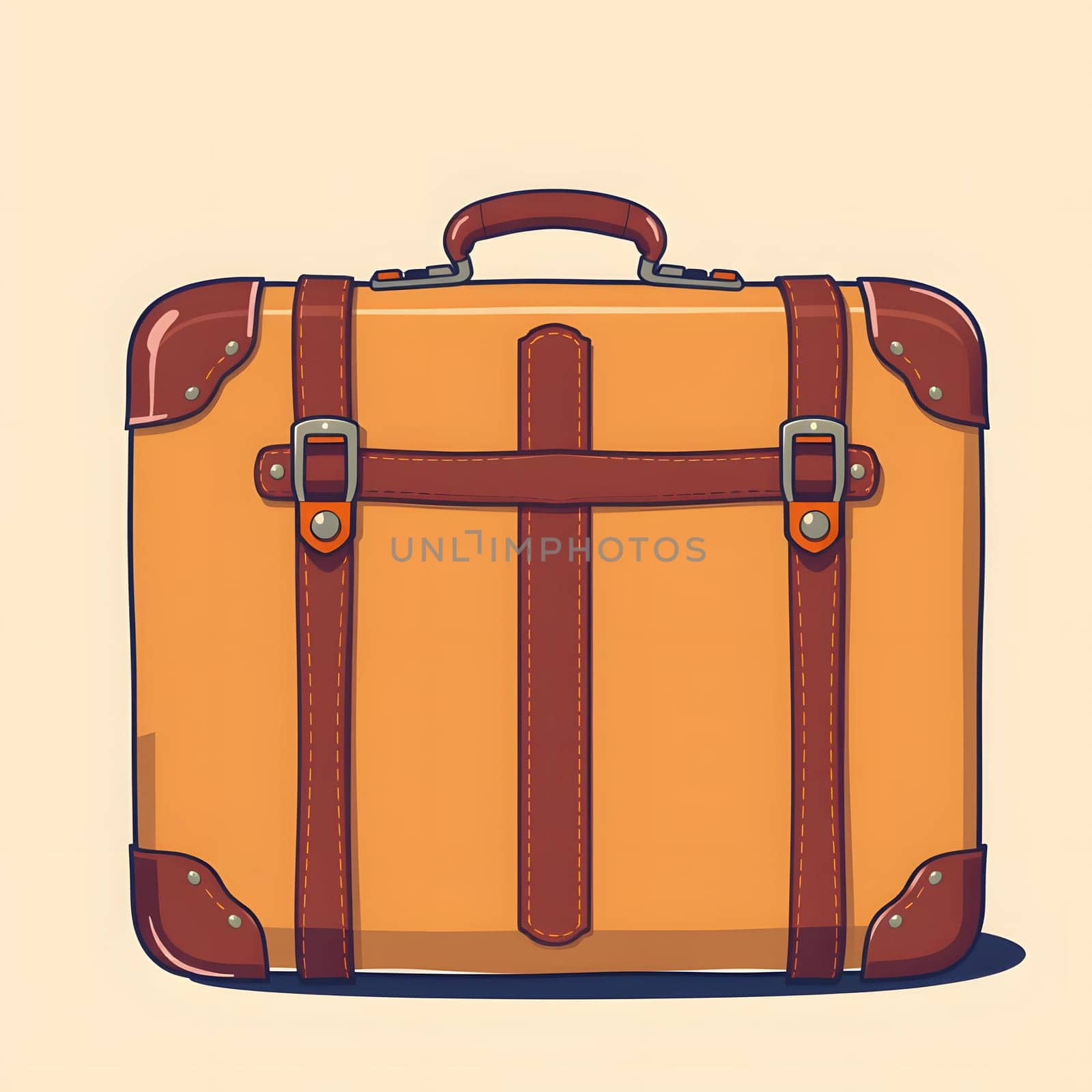 A vibrant orange suitcase with brown leather accents showcases a timeless design. The sturdy handle and metal buckles add to its vintage charm, perfect for travel enthusiasts.