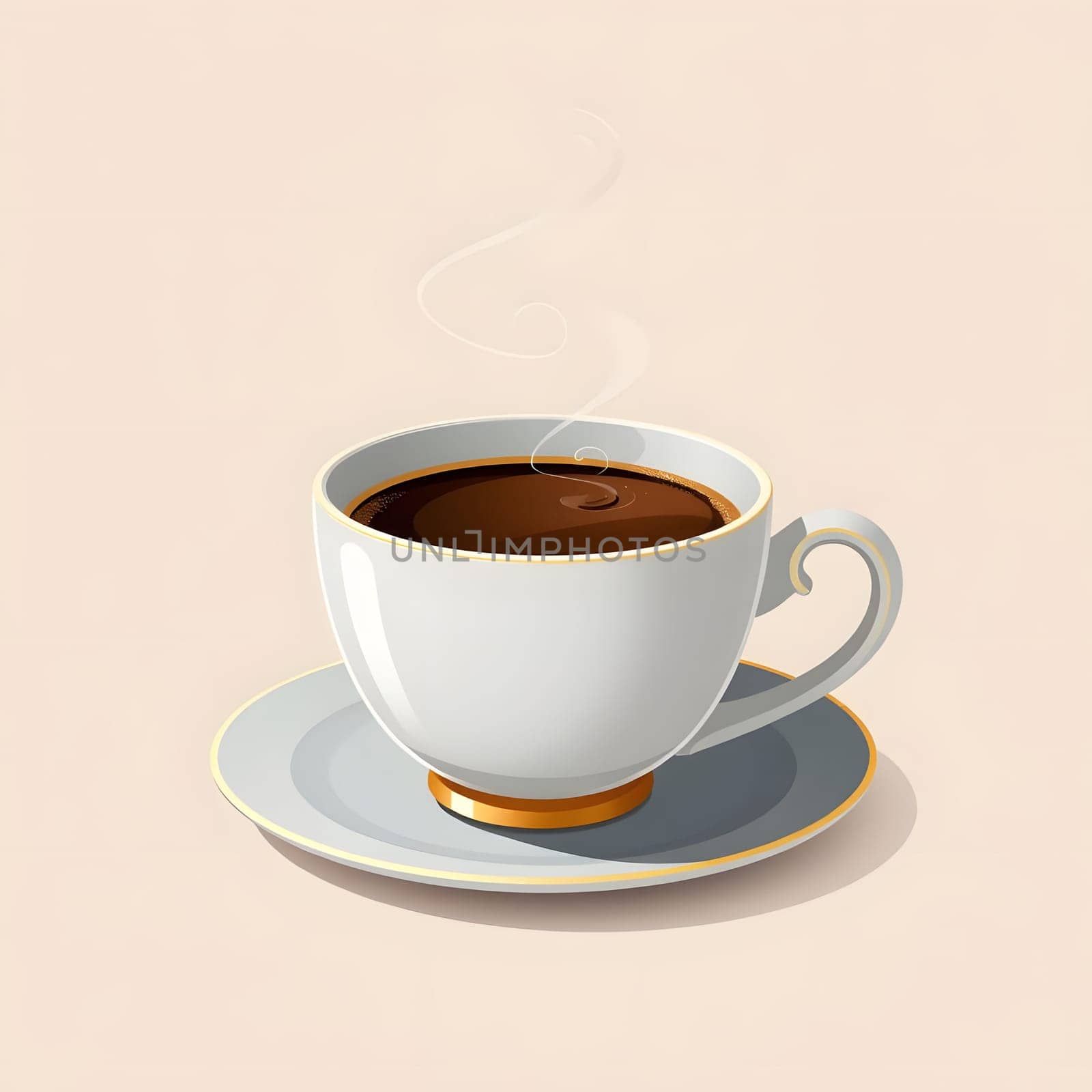Enjoying a warm cup of coffee, the rich aroma fills the air as steam rises softly. The elegant white cup sits on a classic saucer, inviting moments of relaxation.