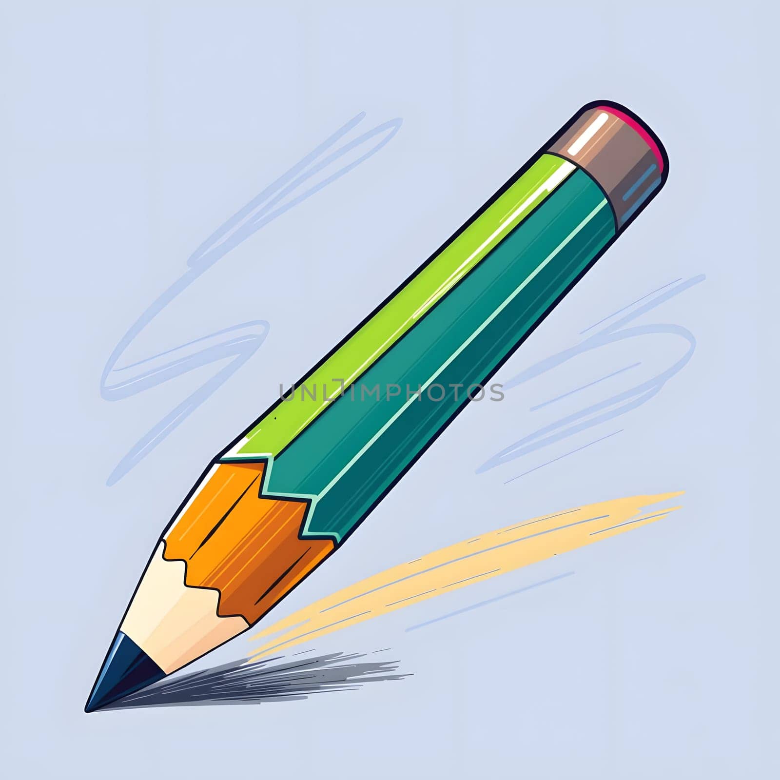 A colorful, green pencil is depicted as it moves swiftly across a light blue background, leaving behind a dark line. The pencil appears dynamic, showcasing its colorful tip.