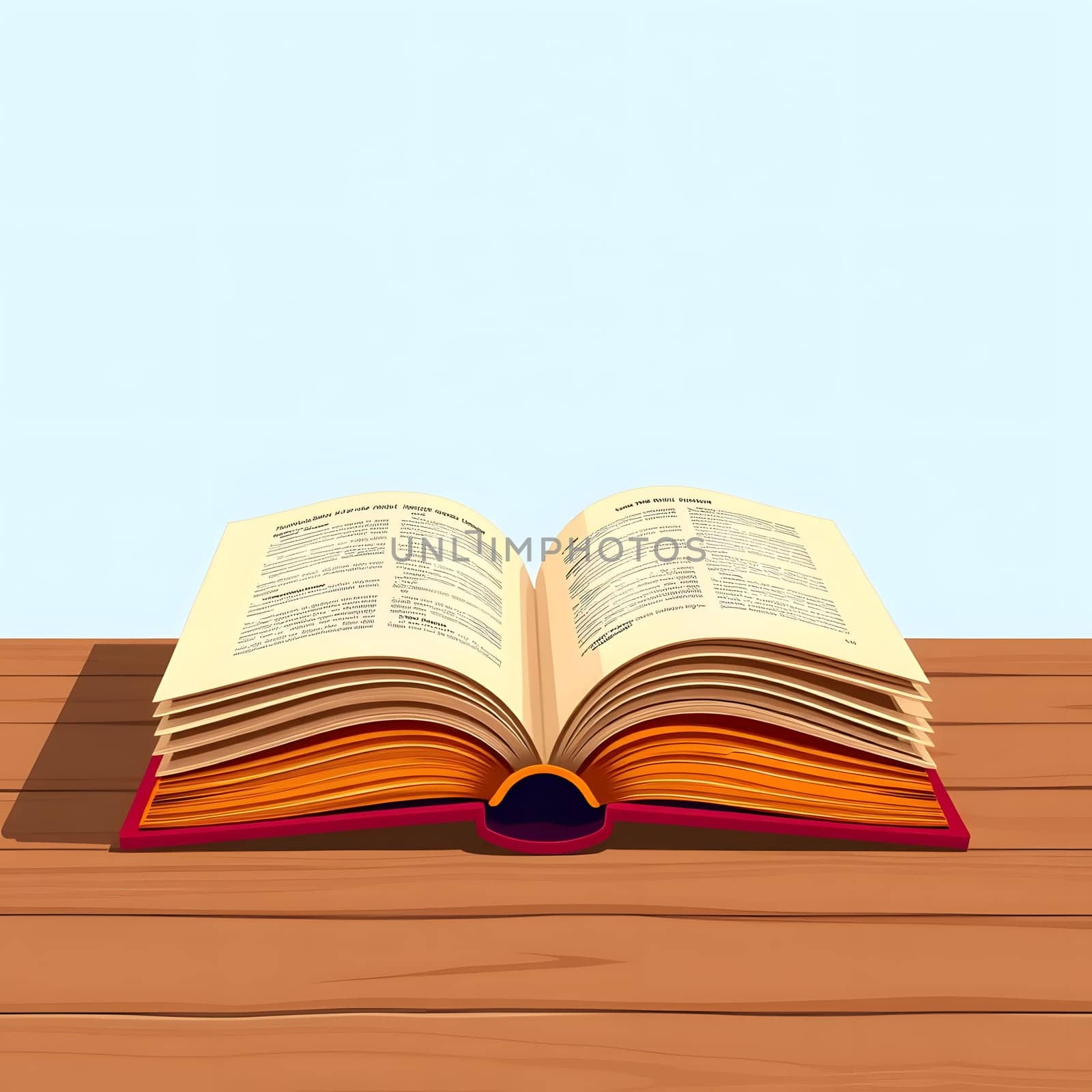 An open book lies on a wooden table, showcasing its pages filled with text. The warm wood contrasts with the books creamy pages, highlighting its inviting knowledge.