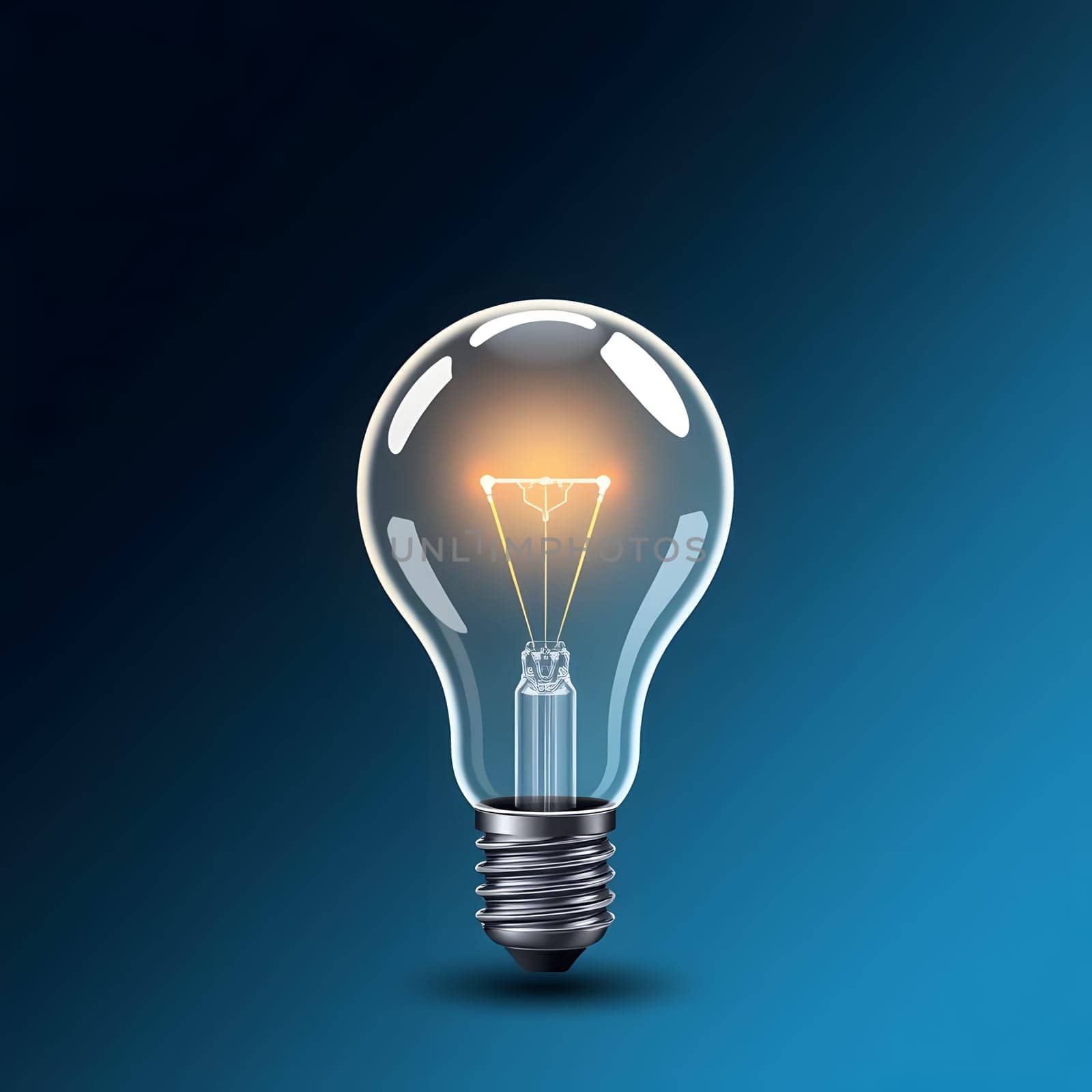 A glowing light bulb illuminates the dark blue background, showcasing its filament and bulb design, symbolizing ideas and innovation in a visually striking manner.