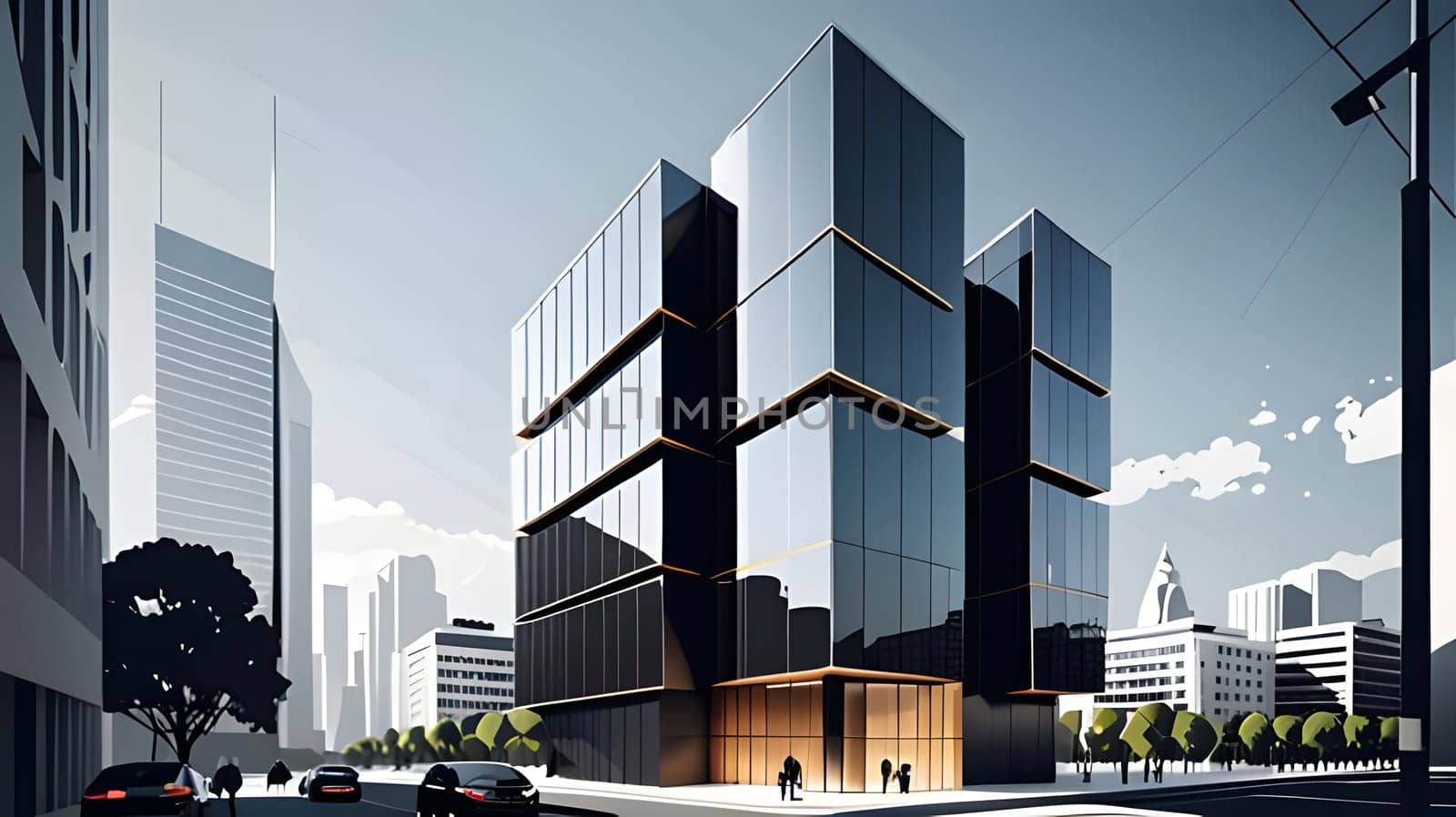 The striking glass-fronted office building stands out in a bustling cityscape, framed by tall skyscrapers under a bright blue sky. People gather near the entrance.