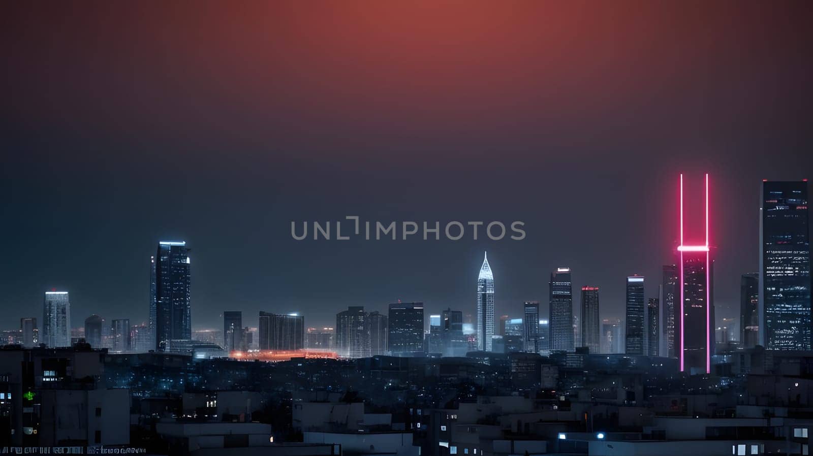 The urban skyline showcases a mix of modern architecture and glowing lights. Tall buildings shine against the dark sky, creating a captivating nighttime atmosphere.